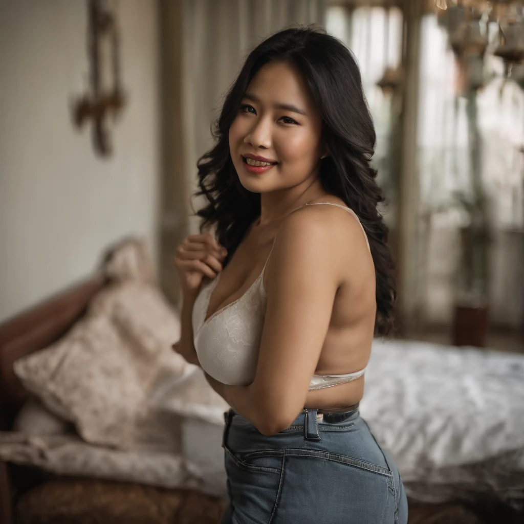 asian , busty , realistic , mirror selfie , bra , showing off