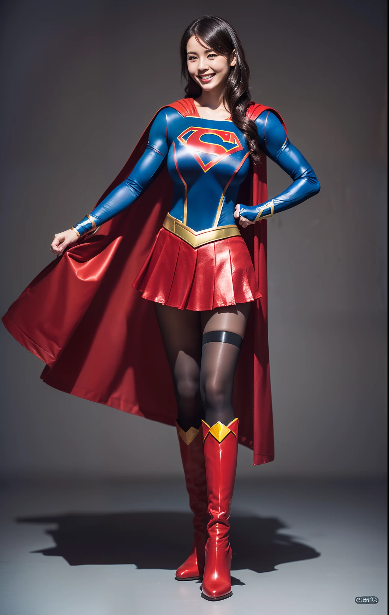 (((Make the most of the original image)))、(((Supergirl Costume)))、(((lustrous dark hair)))、(((Suffering)))、(((Feet must necessarily be worn with black tights)))、(((Smile)))、(((You need to wear red boots)))、((Top image quality、8K))、((top-quality、8K、masterpiece:1.3))、Crisp focus:1.2、Beautiful woman with perfect body shape:1.4、Slender Abs:1.2、((layers-Cut、large boob:1.2))、a wet body:1.5、Highly detailed facial and skin texture、