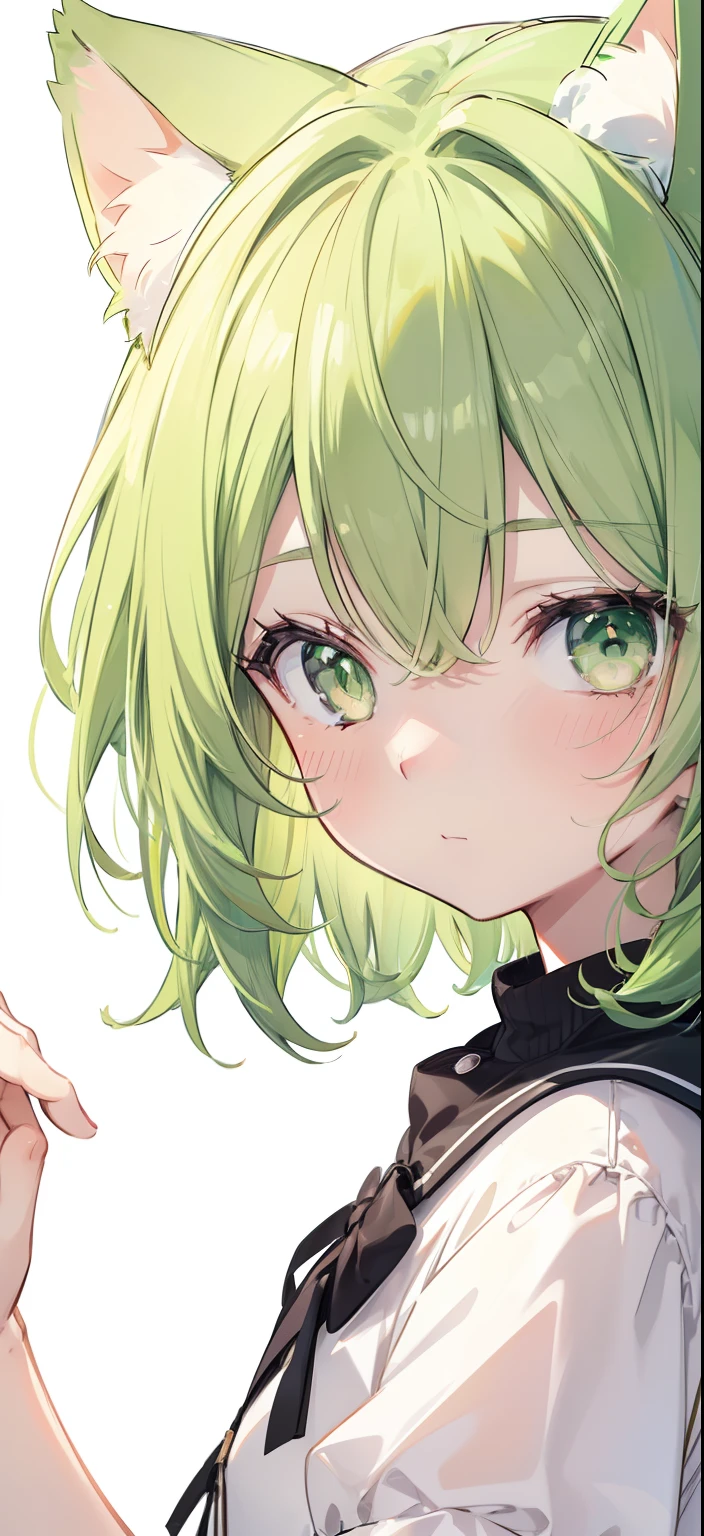 collar,leash,cleanched teeths,blush,green eyes,green hair,small tits