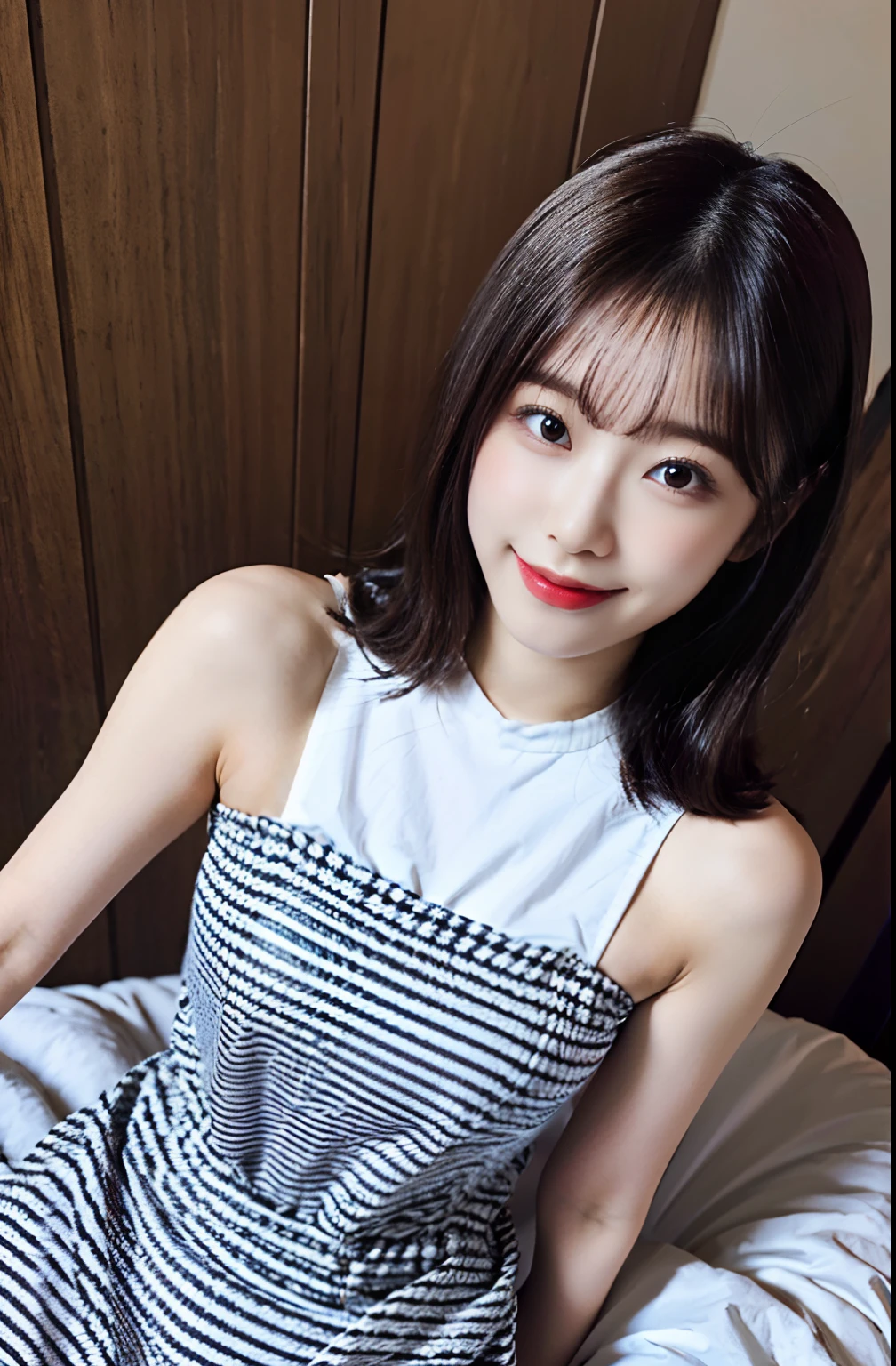 8k、High quality, Perfect Lighting, Detailed face, Detailed body, (Glamorous body), on the beds、Joyful expression、laying on back、Angle from above、full body Esbian、a blond、natural make up、bangss、full bodyesbian