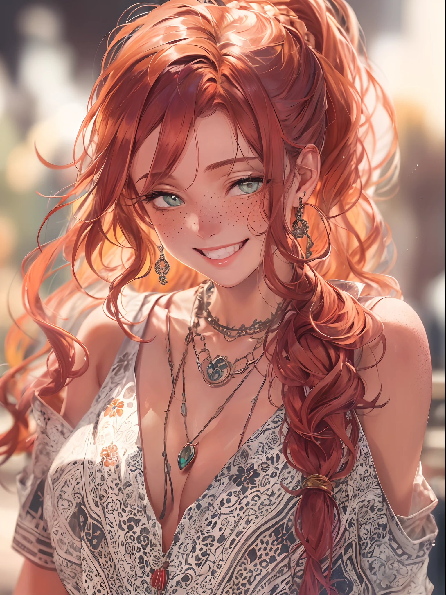 tall, collarbone, wavy hair, looking at viewer, blurry foreground, upper body, necklace, contemporary, ((intricate, print, pattern)), ponytail, freckles, red hair, dappled sunlight, smile, happy