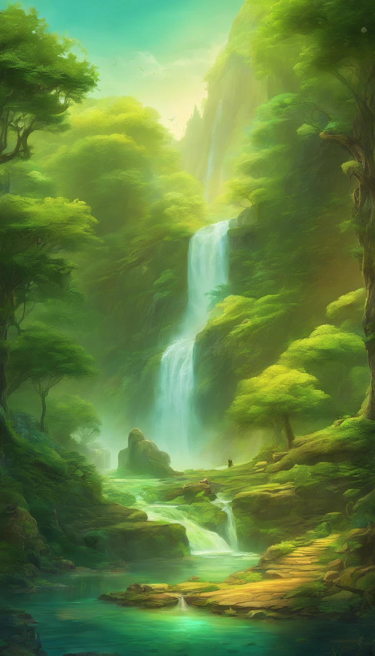 The waterfall conveys the fairy green of the natural fantasy landscape of four adventurers, Golden ratio, Animation details, Delicate, QuixelMegascans trend, Perfect image, Super high resolution, Perfectcomposition, Detailed, Super color, (High detail skin: 1.2), 8k ultra high definition, SLR camera, Soft lighting, High quality, filmgrain, Fujifilm XT3