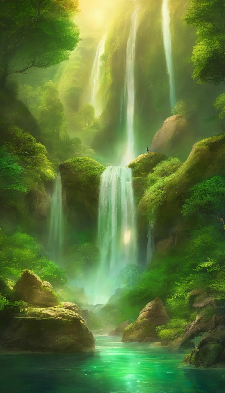 The waterfall conveys the fairy green of the natural fantasy landscape of four adventurers, Golden ratio, Animation details, Delicate, QuixelMegascans trend, Perfect image, Super high resolution, Perfectcomposition, Detailed, Super color, (High detail skin: 1.2), 8k ultra high definition, SLR camera, Soft lighting, High quality, filmgrain, Fujifilm XT3