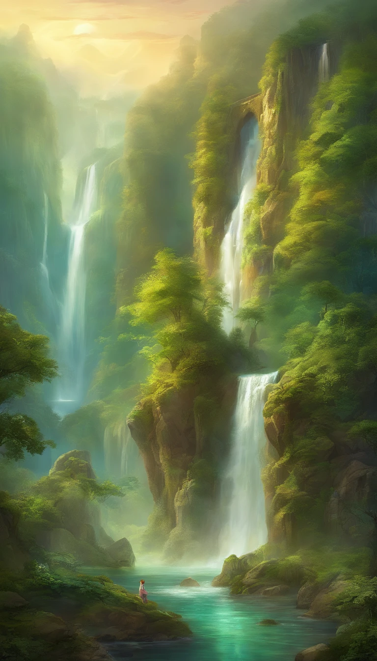 The waterfall conveys the fairy green of the natural fantasy landscape of four adventurers, Golden ratio, Animation details, Delicate, QuixelMegascans trend, Perfect image, Super high resolution, Perfectcomposition, Detailed, Super color, (High detail skin: 1.2), 8k ultra high definition, SLR camera, Soft lighting, High quality, filmgrain, Fujifilm XT3