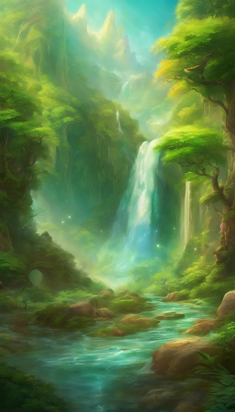 The waterfall conveys the fairy green of the natural fantasy landscape of four adventurers, Golden ratio, Animation details, Delicate, QuixelMegascans trend, Perfect image, Super high resolution, Perfectcomposition, Detailed, Super color, (High detail skin: 1.2), 8k ultra high definition, SLR camera, Soft lighting, High quality, filmgrain, Fujifilm XT3