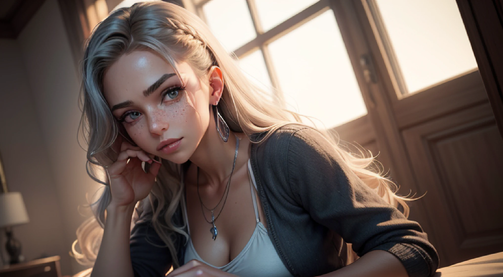 Resolution and Quality: You're looking for an image with a high resolution of 8K and the highest quality. This ensures a clear and detailed image.
Realism: You prefer an epic, realistic style with a factor of 1.5.
Subject: The subject is a girl with a dynamic posture and sexy nude an erotic facial expression. She is wearing a blouse.
Eyes: You want detailed eyes with a factor of 0.8, and she should be looking at the camera with a factor of 1.4 for added engagement.
Lighting: You desire the highest quality lighting with the best shadow effects for a cinematic look.
Details: The image should have intricate details for a realistic and visually appealing result.
Setting: The photo is taken in a dark studio with HDR (High Dynamic Range) applied at a factor of 1.5, ensuring rich and balanced lighting.
Color Palette: Muted colors are preferred, which can create a moody or dramatic atmosphere.
Features: The girl should have freckles, wear a silver necklace and silver earrings, and have long flowing wavy hair that is both smooth and down, as well as hair pulled back.
Creating an image that incorporates all these specifications would require a skilled photographer or artist who can capture the desired qualities in terms of lighting, composition, and post-processing. Additionally, communication with the model to achieve the desired pose and expression is crucial. This level of detail and complexity often involves a collaborative effort between the photographer/artist, model, and possibly a makeup artist or stylist to achieve the desired look and feel.