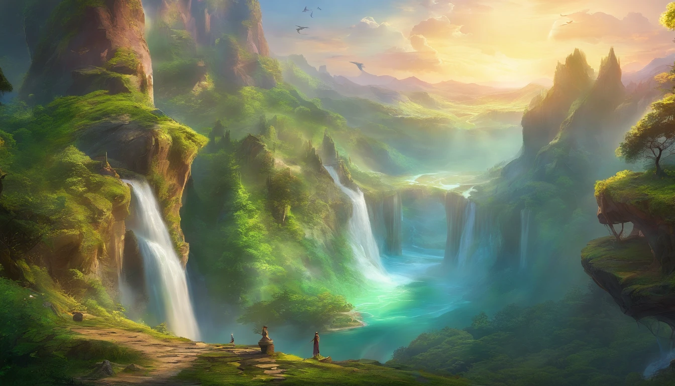 The waterfall conveys the fairy green of the natural fantasy landscape of four adventurers, Golden ratio, Animation details, Delicate, QuixelMegascans trend, Perfect image, Super high resolution, Perfectcomposition, Detailed, Super color, (High detail skin: 1.2), 8k ultra high definition, SLR camera, Soft lighting, High quality, filmgrain, Fujifilm XT3