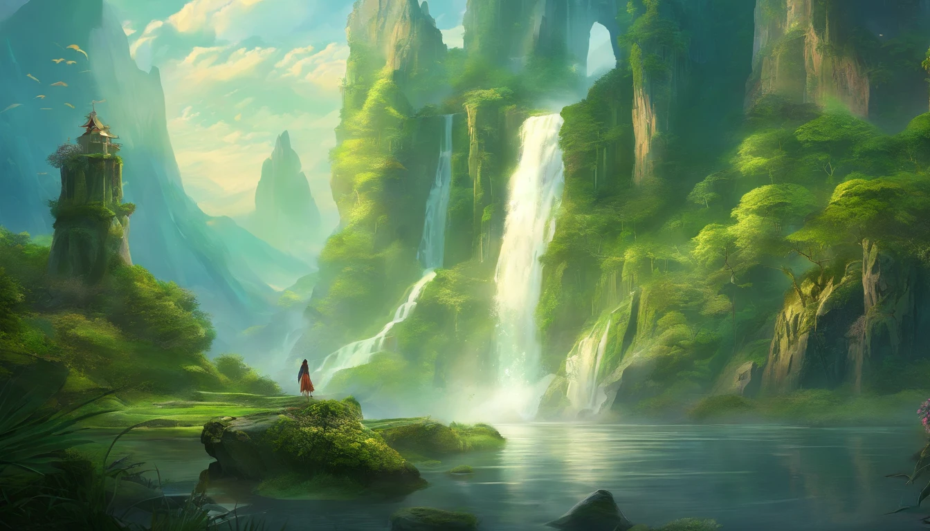 The waterfall conveys the fairy green of the natural fantasy landscape of four adventurers, Golden ratio, Animation details, Delicate, QuixelMegascans trend, Perfect image, Super high resolution, Perfectcomposition, Detailed, Super color, (High detail skin: 1.2), 8k ultra high definition, SLR camera, Soft lighting, High quality, filmgrain, Fujifilm XT3