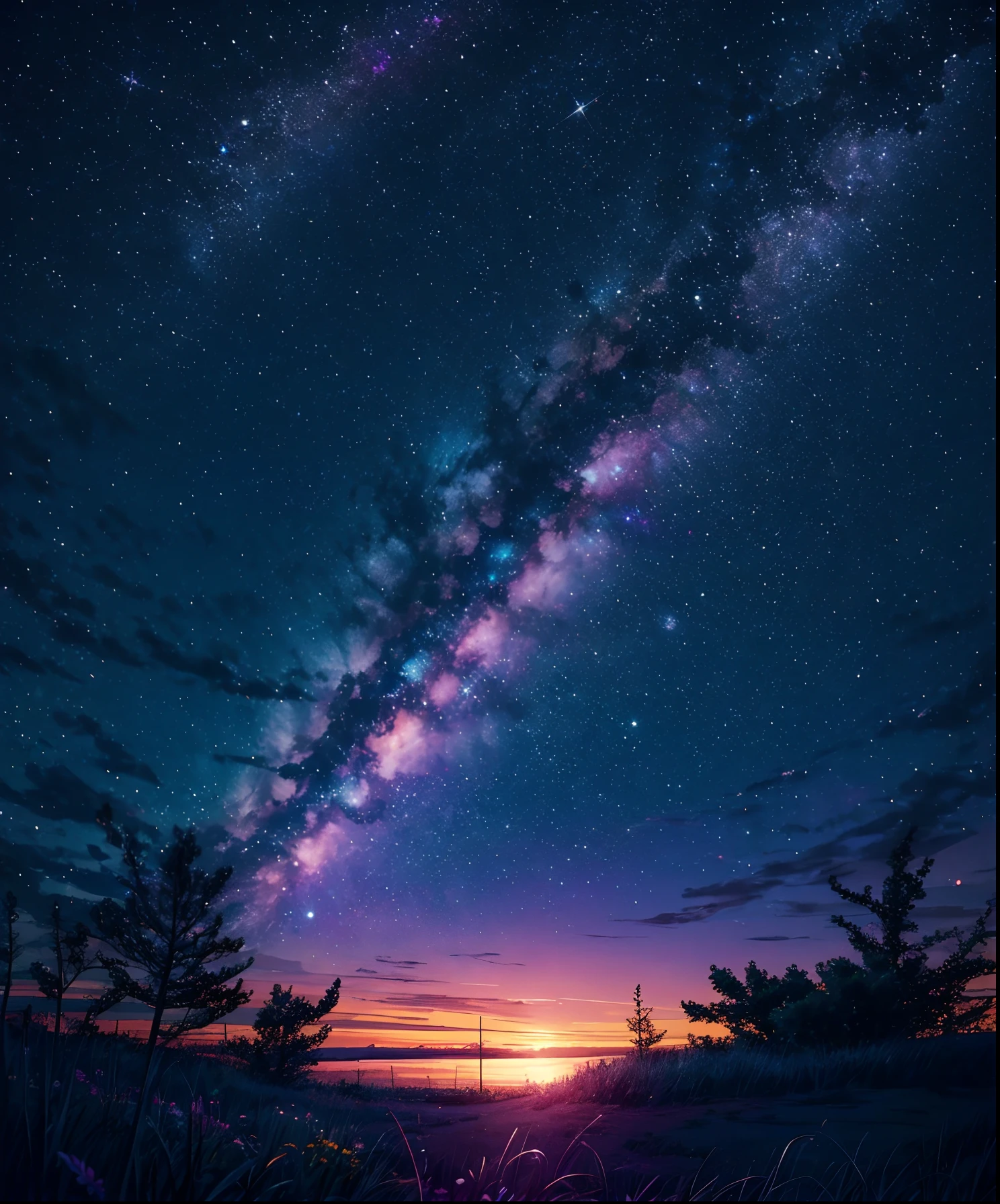 Describe a scene where a cute girl character is lying on a grassy hill, Looking up at the starry sky. Surround her with colorful nebulae and her favorite constellations.