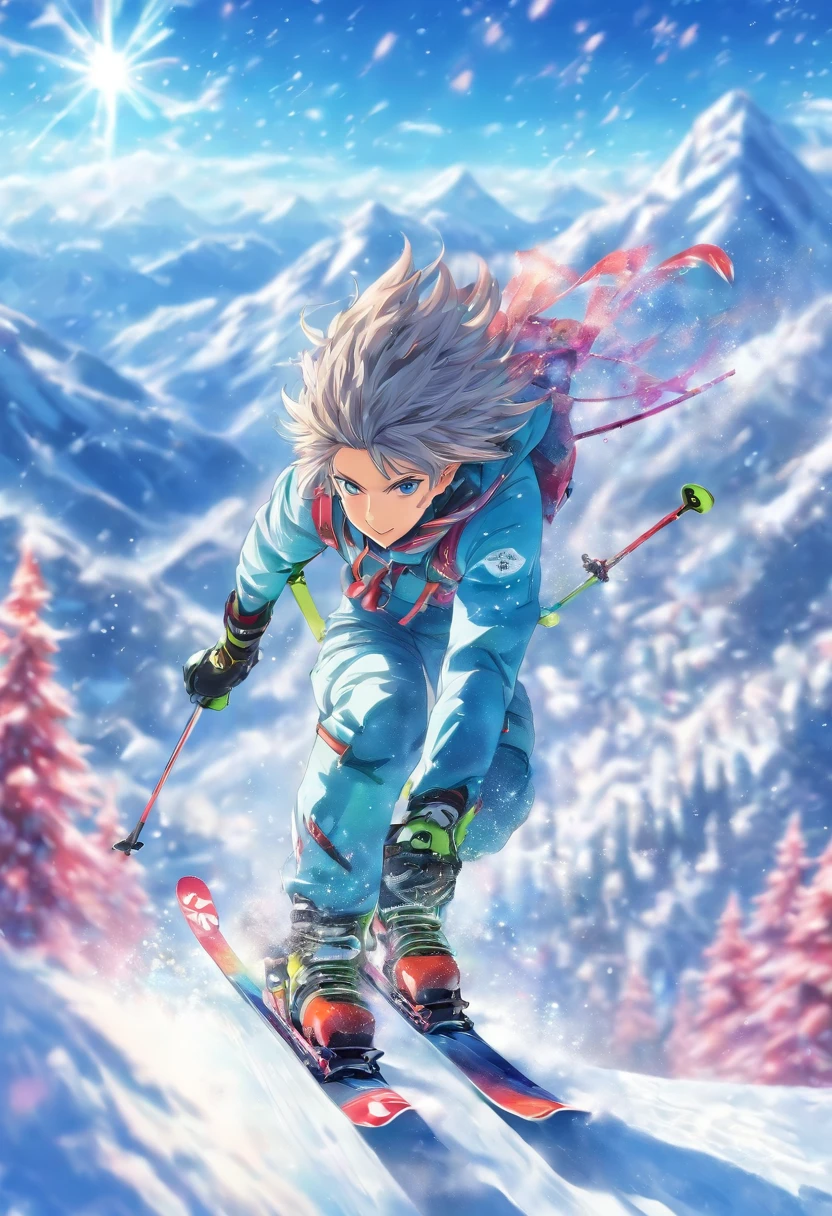 The mountains are World of silver, the sun is shining and the skis wind down fast, Is it powder snow or dancing mist that flies?