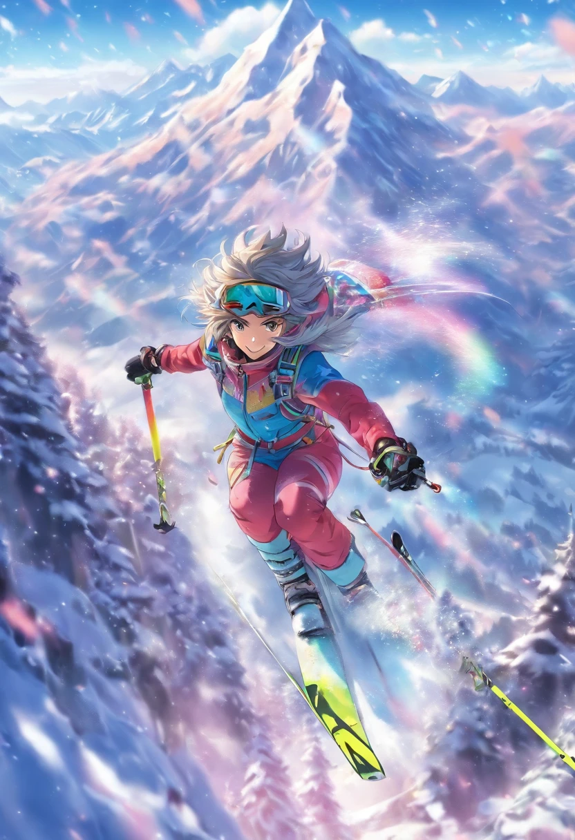 The mountains are World of silver, the sun is shining and the skis wind down fast, Is it powder snow or dancing mist that flies?