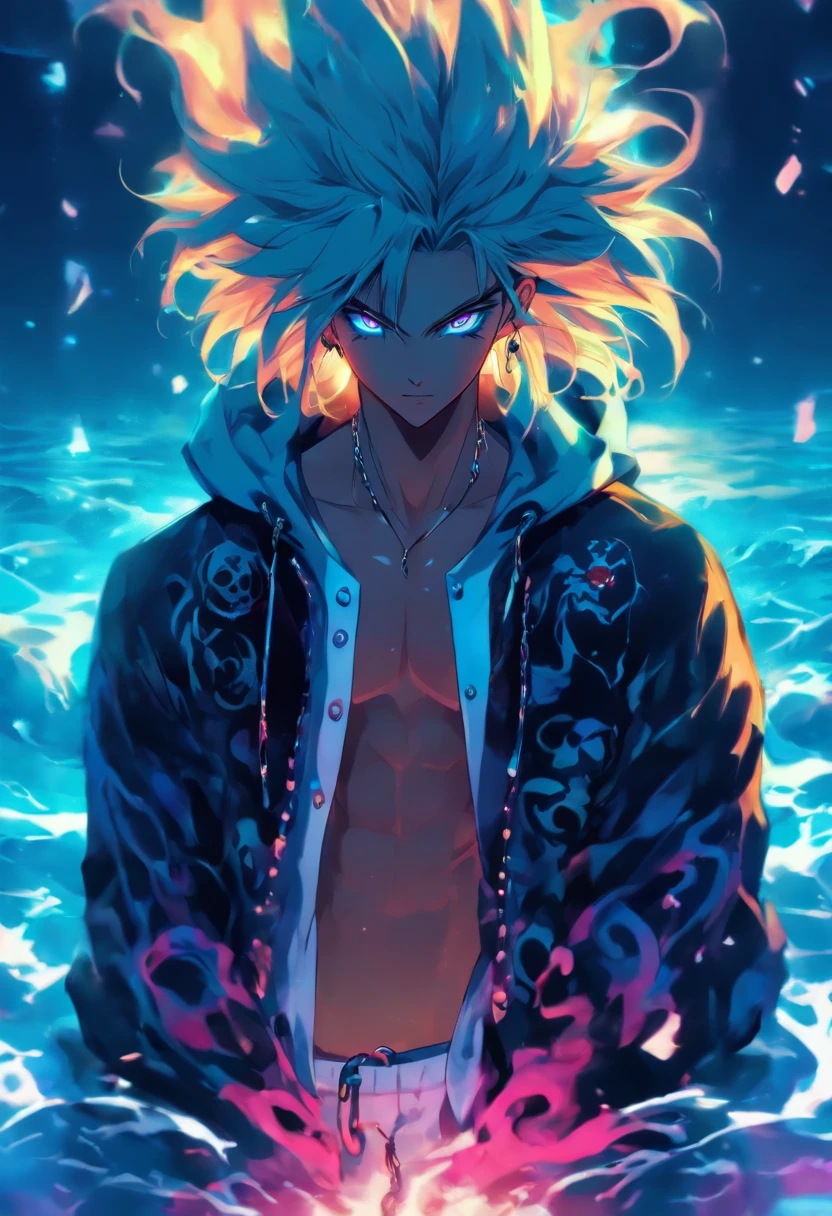 Hifh detail kpop boy, with cancer zodiac sign tattoo, chains, slim body with abbs, with a loose top, long silver hair with skyblue neon streaks , eyeballs blue eyes, straight up serious pose, big sized white jogging pants, cool open jacket, small body, stretching, happy face with fangs, under water background