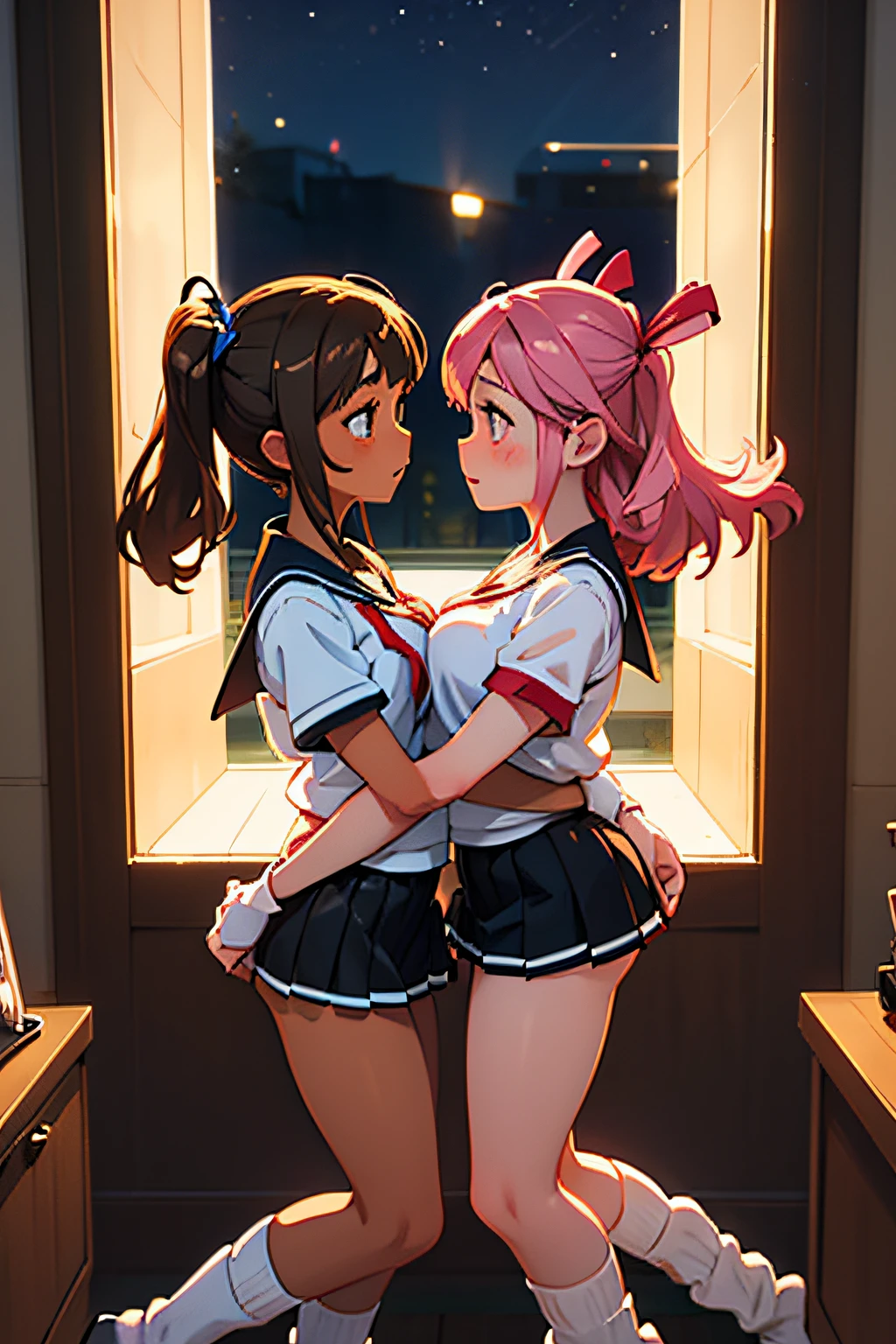 ​master piece,hyper quality, Hyper Detailed,Perfect drawing,nffsw,3D,8K,Two anime beautiful girls kissing while pressing their breasts against each other Two beautiful girls from anime staring at each other from the front, Pushing each other's chests and hugging each other Japanimation　Moe Anime Beautiful Girl　Kogal　Brown skin　Loose socks(Buggy socks:1.5)　gal make　a sailor suit　a miniskirt(0.8)　Luxury underwear、I can see my panties、Bedrooms、indirect lighting、Night view outside the window、beatiful backgrounds、Detailed drawing、Accurate drawing、clearface,Perfect illustration、