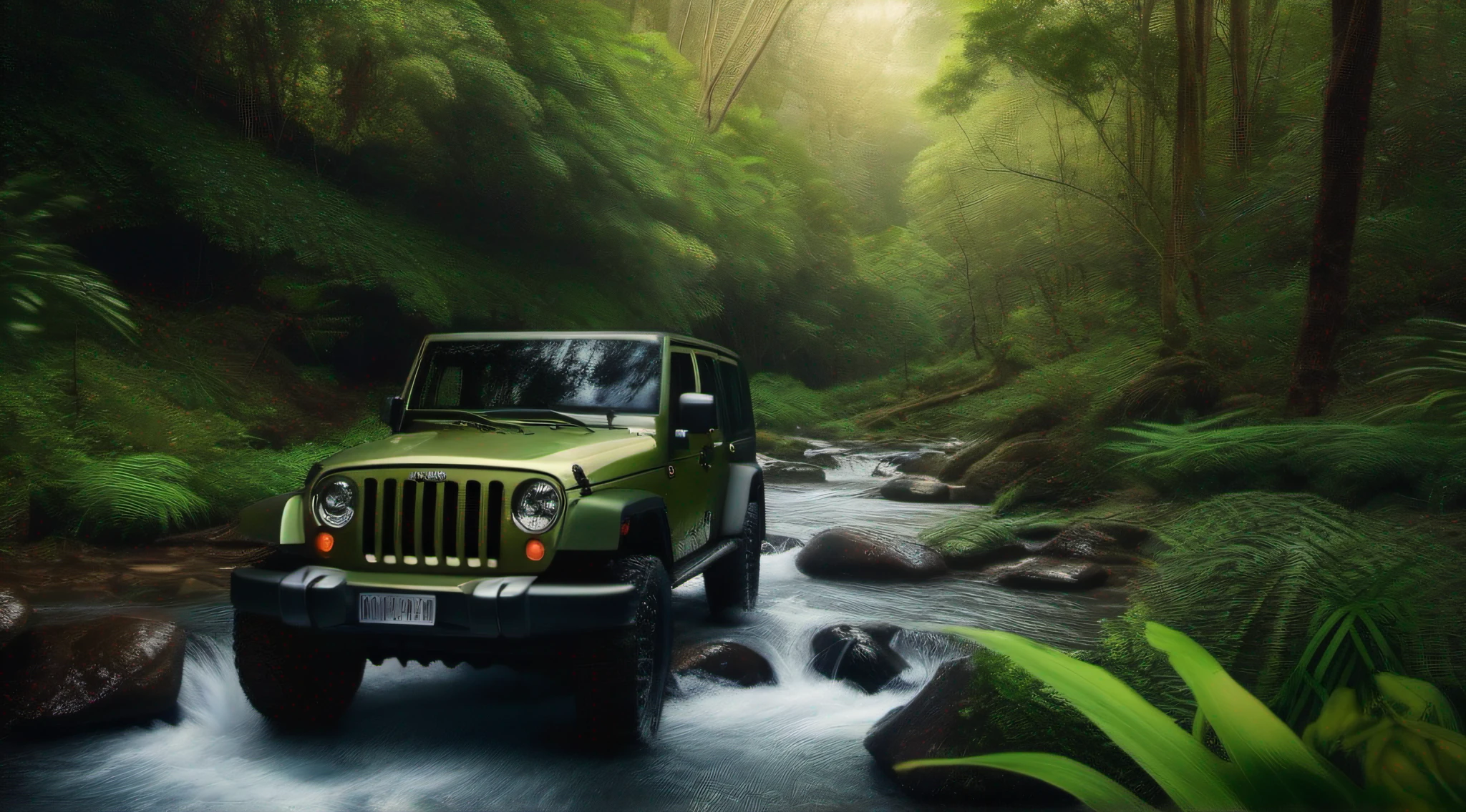 (a panoramic view,Realistic,fotografia:1.2),luz brilhante,scenic view,Jeep verde bandeirante em A Floresta,small stream,planta,Rocha,Natureza,fairy in a panoramic view,4k,Fada do Dente,coelho