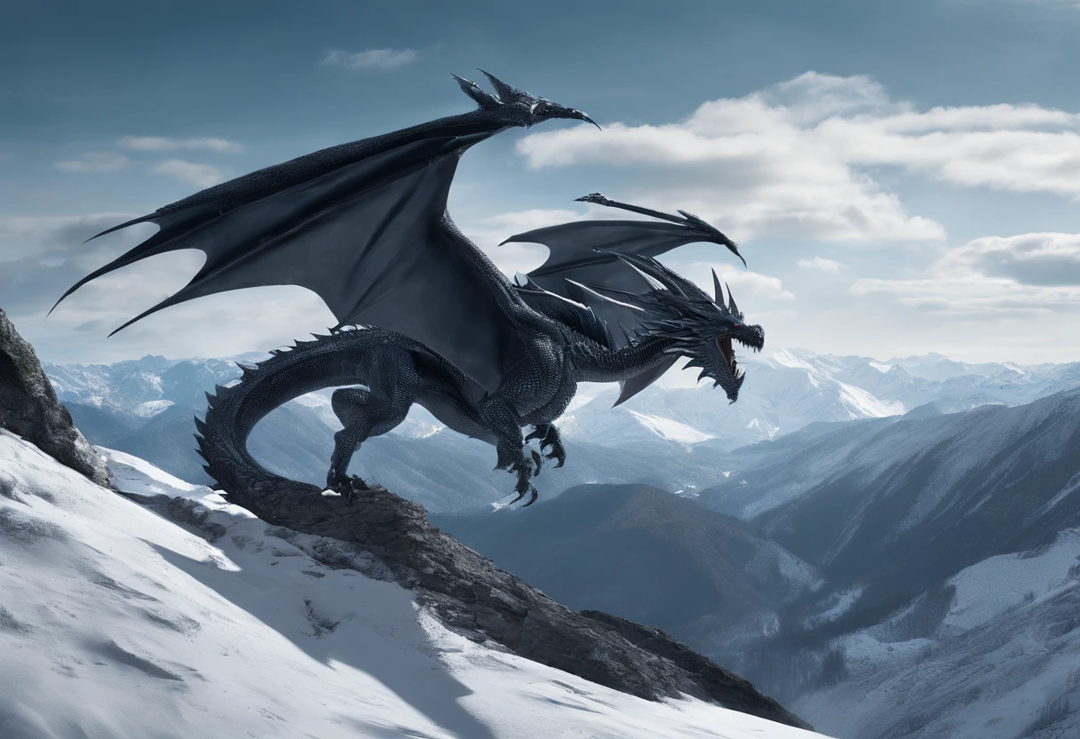 extreme long shot, heroic view, BREAK, A silver dragon with (2 wings) on a cloud shrouded mountain top, ((((wind blown snow in the forground )))), BREAK,  BREAK, mystical creature, realistic, ultra detailed, majestic, masterpiece, dynamic pose, sun rise lighting, snowy mountain top background 