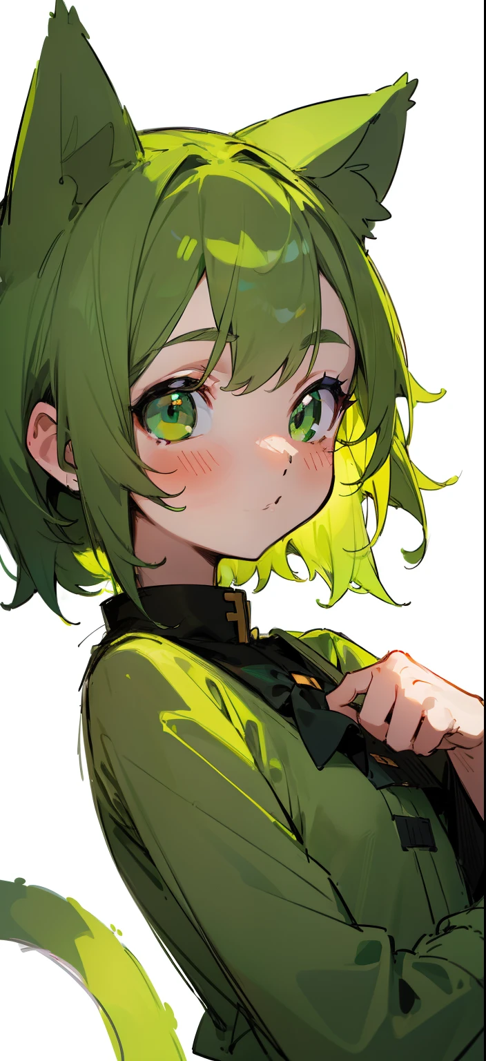 (sketch drawing), (close up), (small body:1.2), (rosy cheeks:1.2), (green cat ears), (beautiful cat ears), (green hair), (green eyes), (medium hair), (white background:1.3),