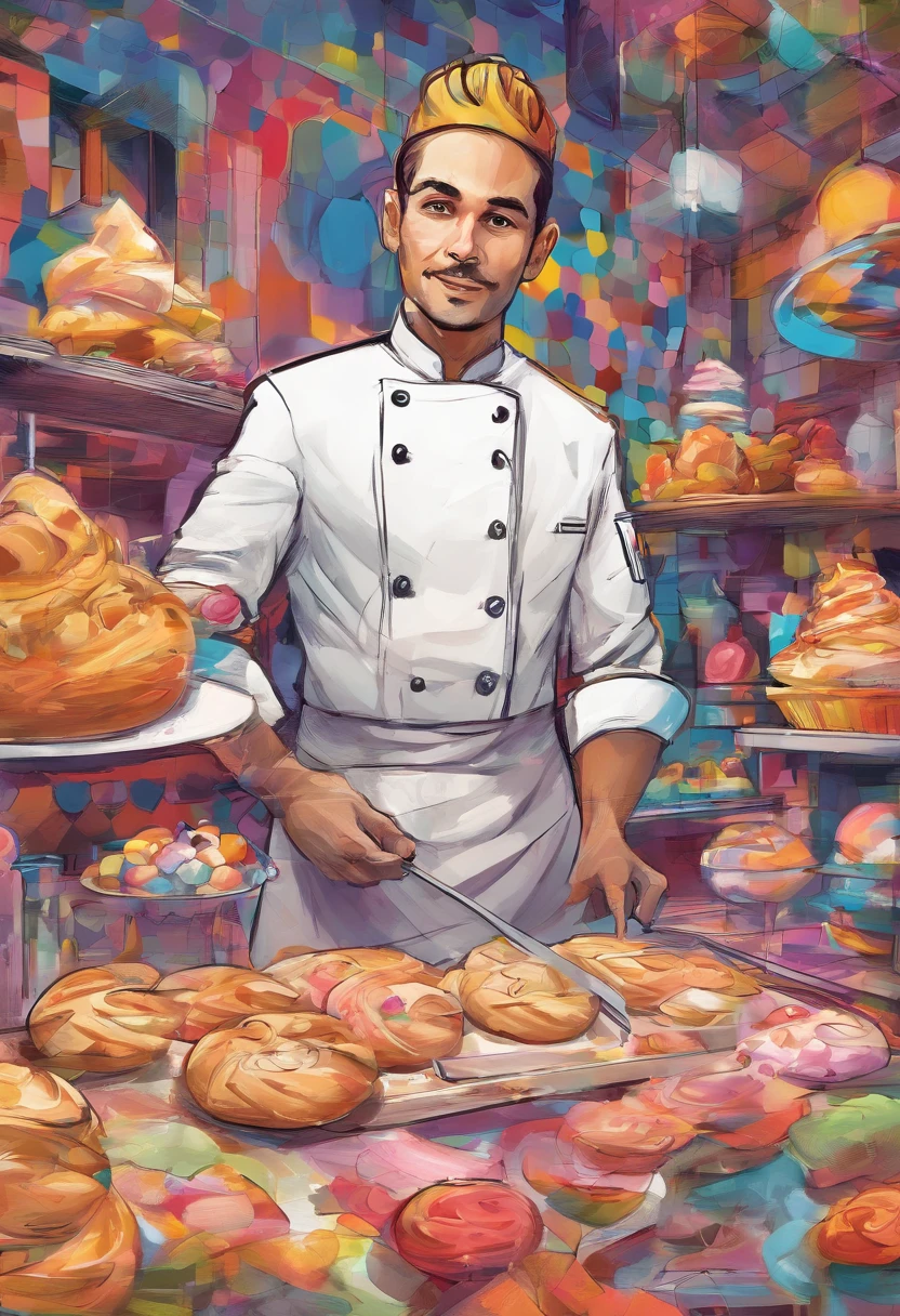 (Pastry chef),(best pose),(best angle), (better expression), Eduardo Kobra acolchoamento ,multidimensional geometric kitchen PORTRAIT, arte, Chibi,Yang08k, beaultifull, Colouring,