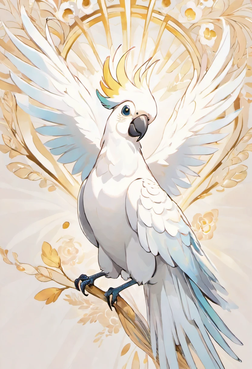 In this exquisite illustration, a Cockatoo takes center stage, its majestic presence emanating an air of regal elegance. The Cockatoo's wings are gracefully folded, creating a serene and composed tableau that allows its distinctive features to shine.

Set against a muted, natural backdrop, the Cockatoo's plumage becomes a mesmerizing focal point. Each feather is a masterpiece of nature's design, featuring a delicate blend of pristine white and soft, subtle blushes of pink. The feathers are expertly detailed, capturing their unique texture and the faintest iridescent shimmer that adds to their allure.

The Cockatoo's striking crest, a trademark feature, gently arches over its head, creating an aura of sophistication. Its intelligent eyes, framed by gentle arcs of feathered skin, exude a sense of wisdom and curiosity. The beak, curved with precision, hints at the bird's ability to crack nuts and seeds with ease.

the Cockatoo's posture reflects its calm and collected demeanor. Its feet, adorned with powerful talons, displaying both strength and grace. The bird's tail feathers, neatly aligned and slightly tapered, add a sense of symmetry to the composition.

This Cockatoo illustration is a testament to the bird's regal charm and innate beauty. Its wings, folded in a poised manner, accentuate the Cockatoo's composed nature, while the overall composition captures the essence of this majestic avian species. Against the understated backdrop, the Cockatoo stands as a symbol of grace, purity, and timeless elegance. White background,