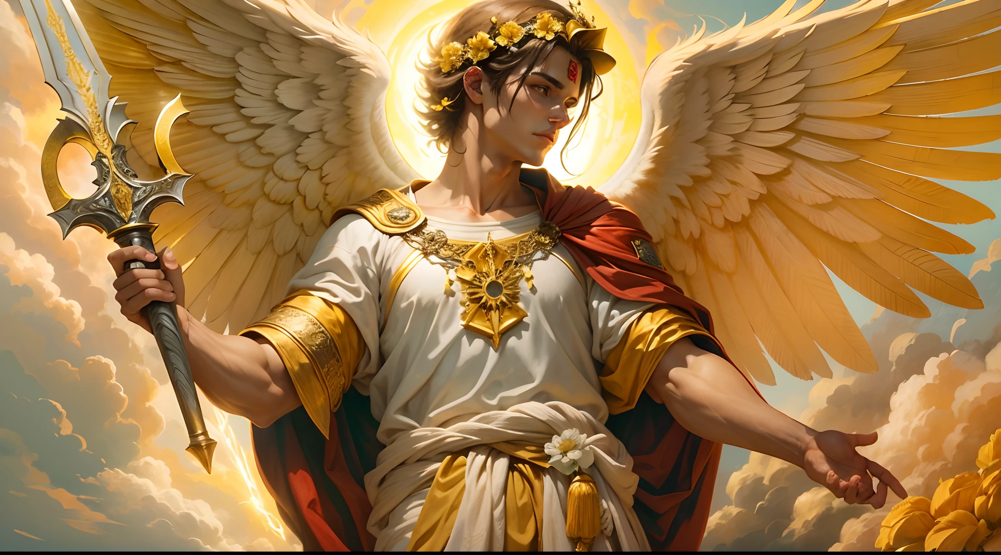 Closeup of an image a man angel with a large and long sword with attack position in right hand, in the other left hand holding a scale, Angel dressed as a Roman soldier looking at the ground, arcanjo homem com asas grandes, o anjo da fortuna, perfeito, Realistic, Biblical setting, Biblical Paradise Setting, sol e nuvens ultras realistas, flores e velas, illuminated archangel of heaven, flores coloridas, velas acesas, roupas brancas e vermelhas