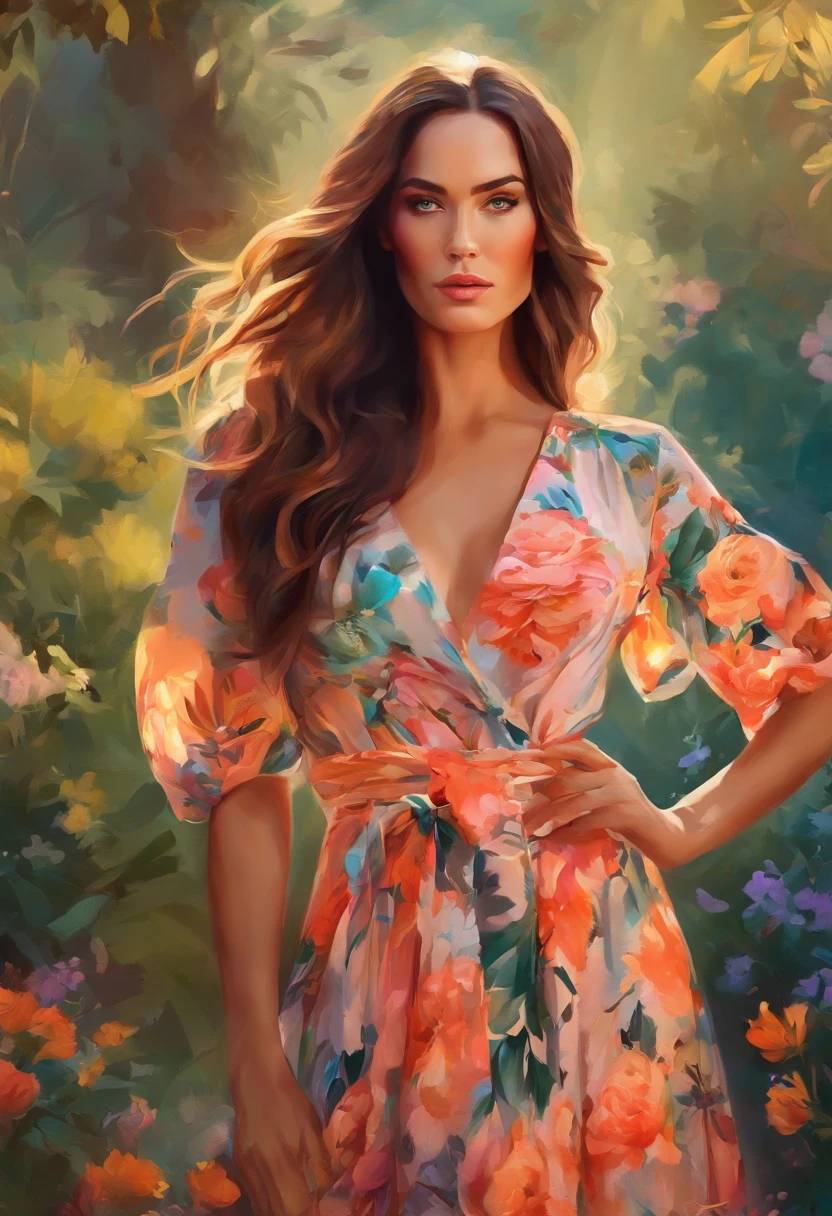 a painting of a woman in a floral dress with long hair, in style of digital illustration, beautiful art uhd 4 k, megan fox colorful portrait, beautiful gorgeous digital art, stunning digital illustration, gorgeous digital art, colorfull illustration, beautiful digital illustration, beautiful digital artwork, exquisite digital illustration, a beautiful artwork illustration, colorful illustration, art of alessandro pautasso