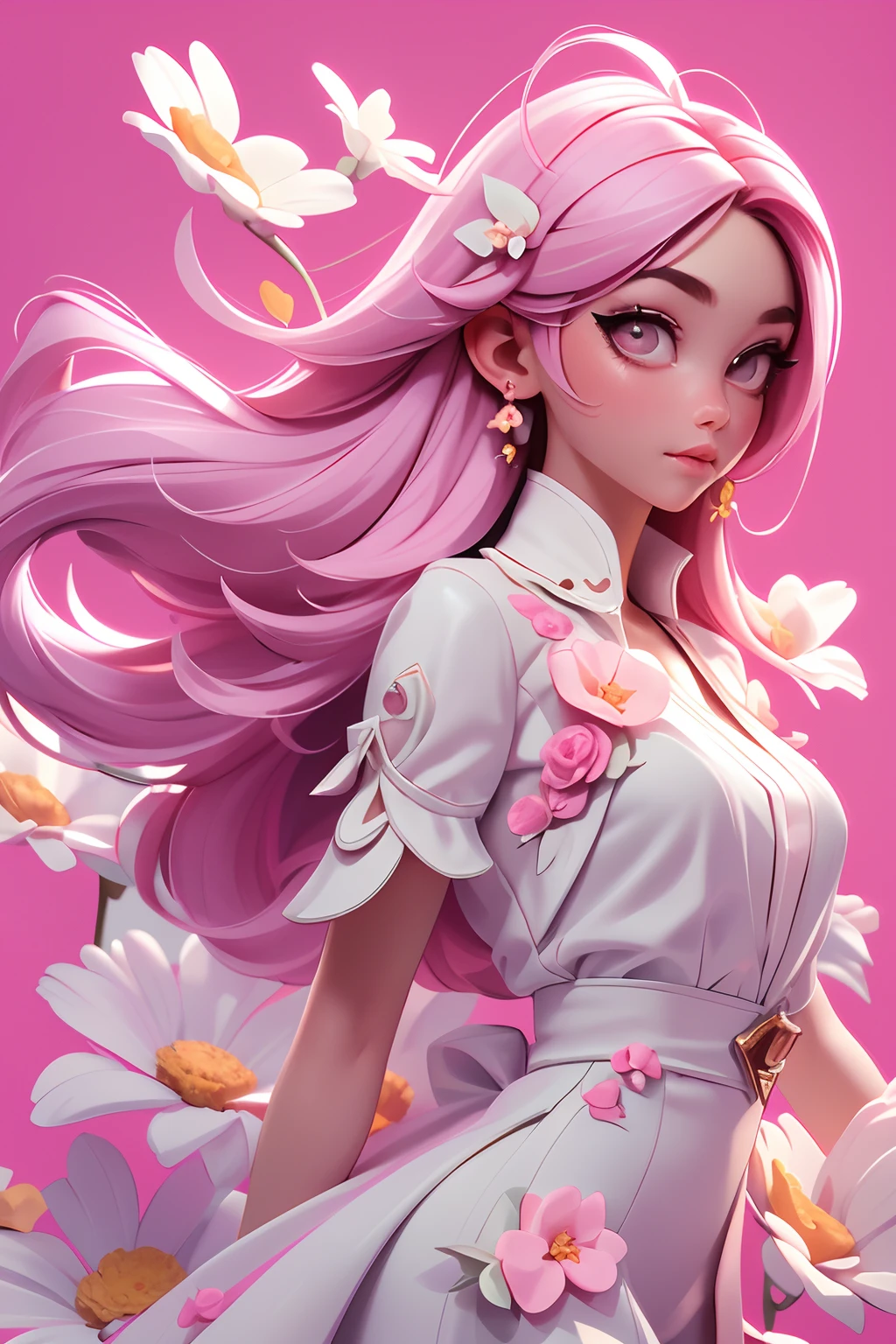 (Best Quality, Masterpiece), 1girl, Pose, Wind, Flower, Upper Body, White and Pink Color Scheme, Simple Background, Look at the Viewer