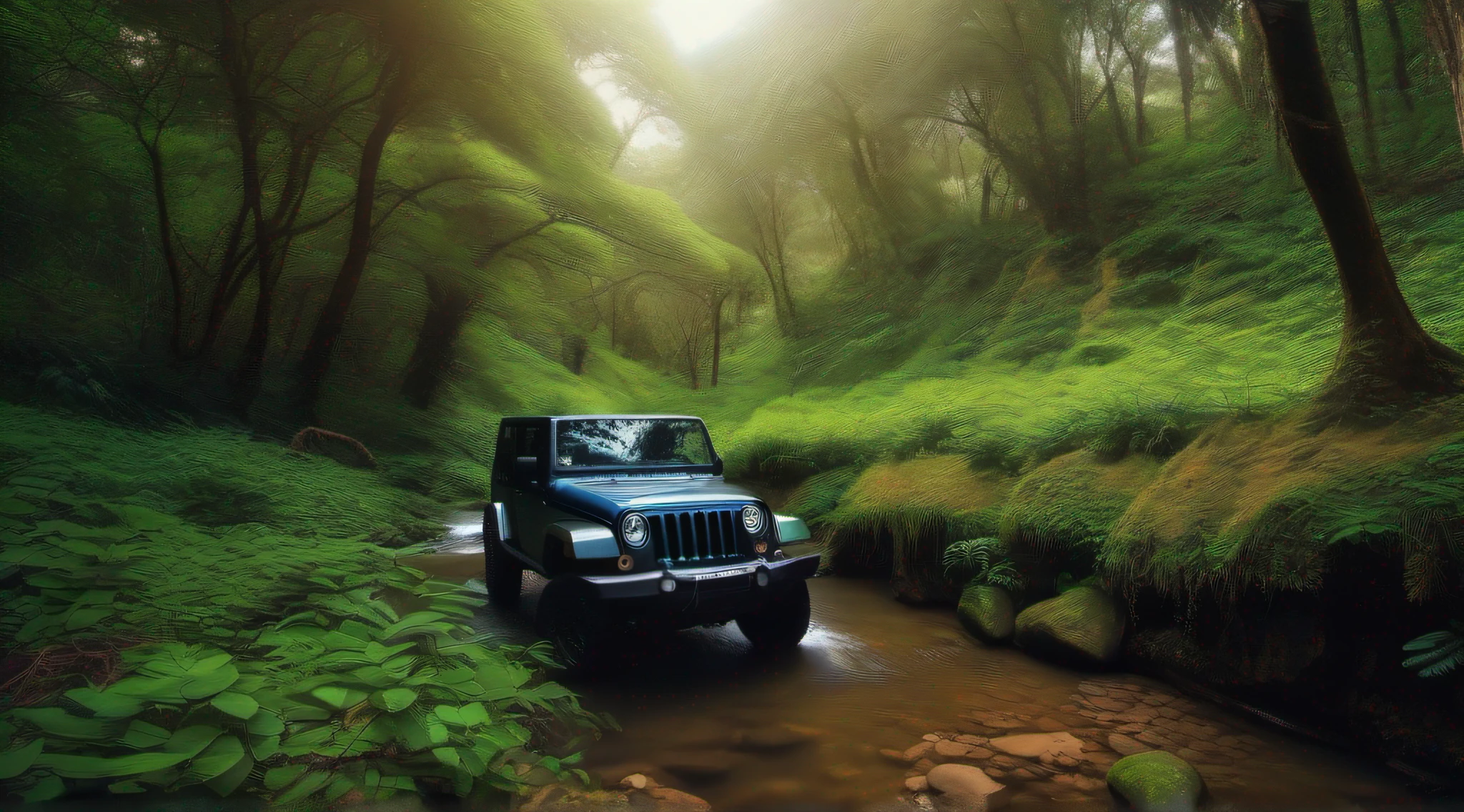 (a panoramic view,Realistic,fotografia:1.2),luz brilhante,scenic view,Jeep verde bandeirante em A Floresta,small stream,planta,Rocha,Natureza,fairy in a panoramic view,4k,Fada do Dente,coelho