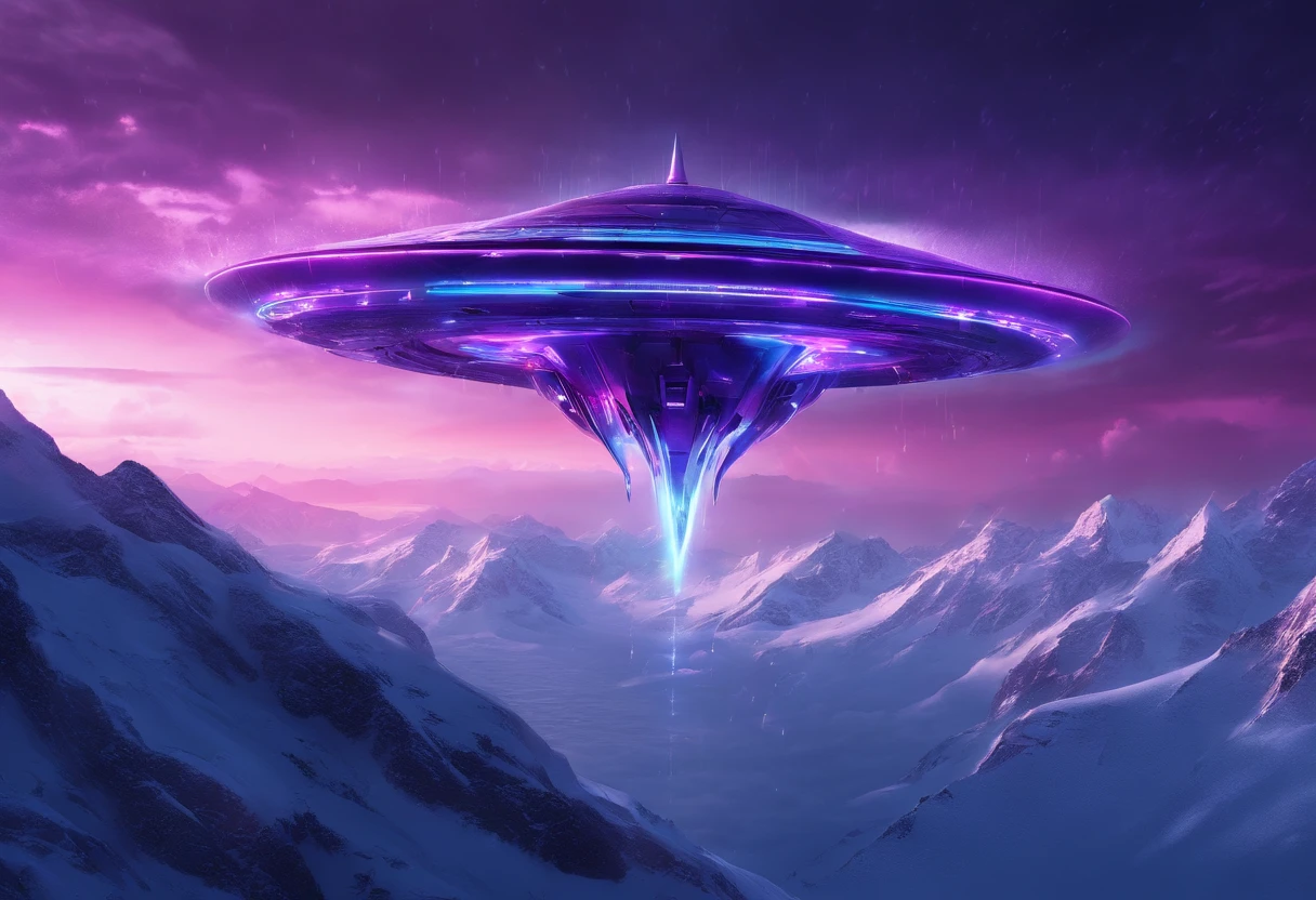 Futuristic alien spaceship flying over snowy mountains, dark sky, purple color lighting, Rain, Lightning, Hyper realistic, Highly detailed,8K