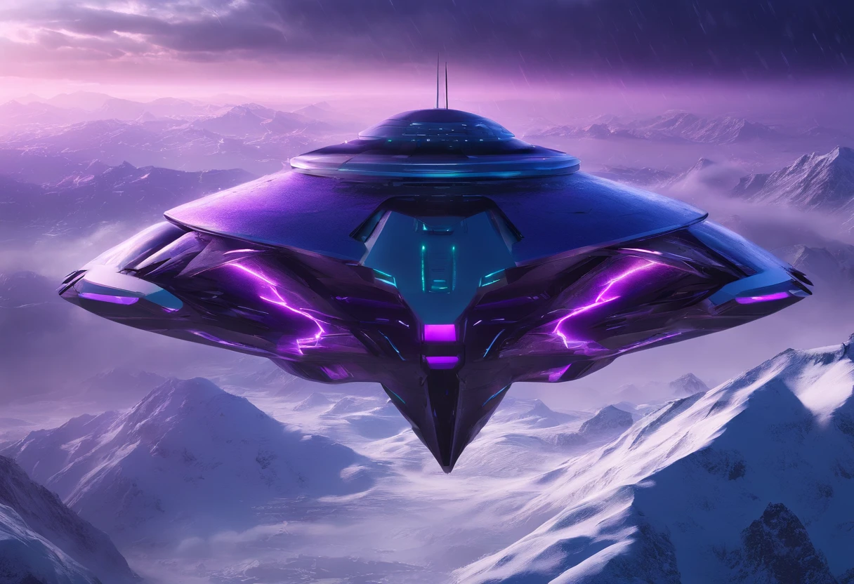 Futuristic alien spaceship flying over snowy mountains, dark sky, purple color lighting, Rain, Lightning, Hyper realistic, Highly detailed,8K