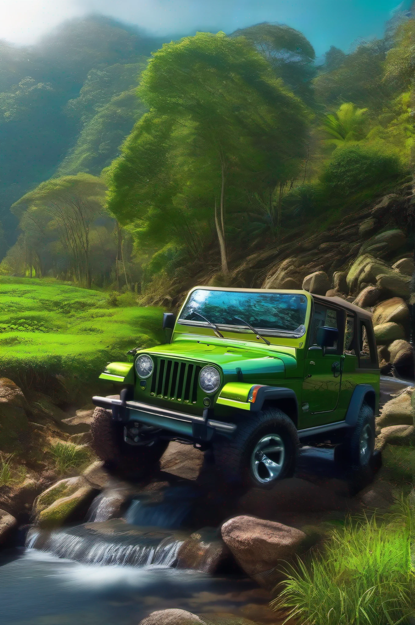 a jeep bandeirante green ln a floresta,small stream,Uma planta,Pedra,natureza,scenic view,luz brilhante,Realista e realista,fotografia de,in a panoramic view,4k, fada do dente, coelho