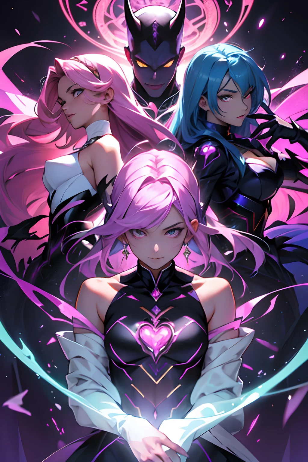 A group of 6 villains of Mahou Shojo, Corrupted style magical girls, Sexy, devilish, Golden and holographic clothing, cabelos volumosos e longos de cores vibrantes, Medium expressions, the background a chaotic labyrinth of neon colors, jovens adultas, Beautiful women in dynamic poses, perfect hands, rosto perfeito, olhos perfeitos, rosto detalhados, mulheres elegantes cores vibrantes