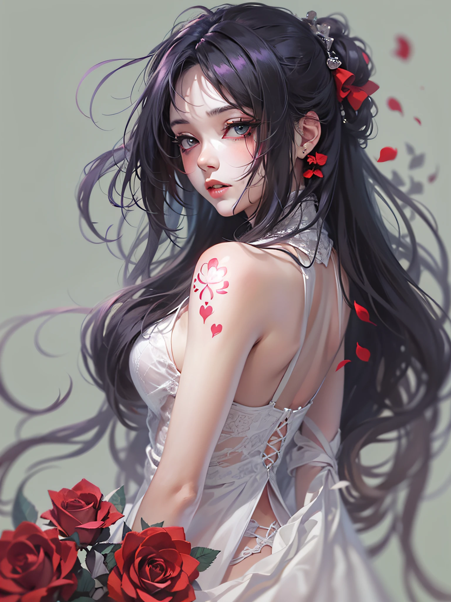 Naked anime girl covered in dark roses,illustration,red-eyed beauty,breathtakingly detailed roses,vibrant colors,soft lighting,artistic rendering,masterpiece:1.2