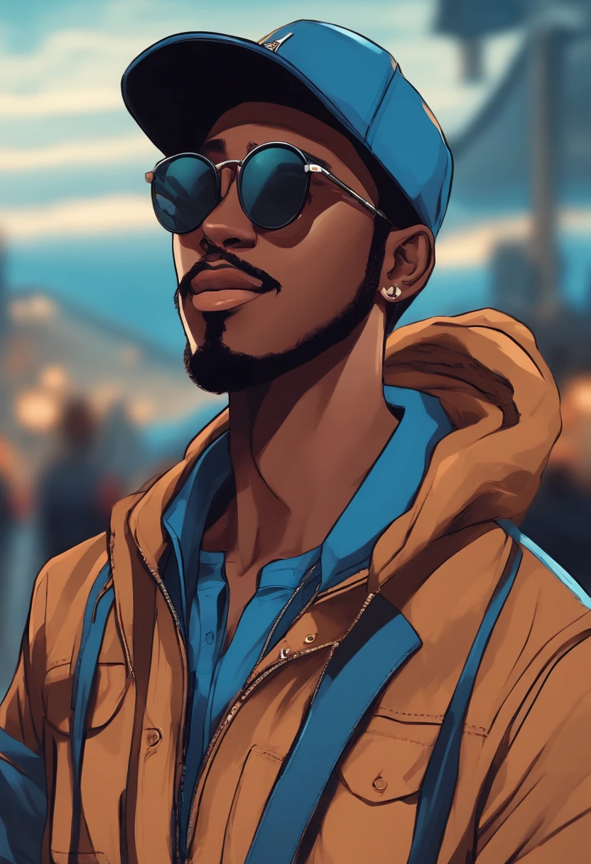 crie um jovem negro,magro, wearing cap and glasses, com barba sorriso bonito e uma camisa azul, manga anime style, imagem frontal,