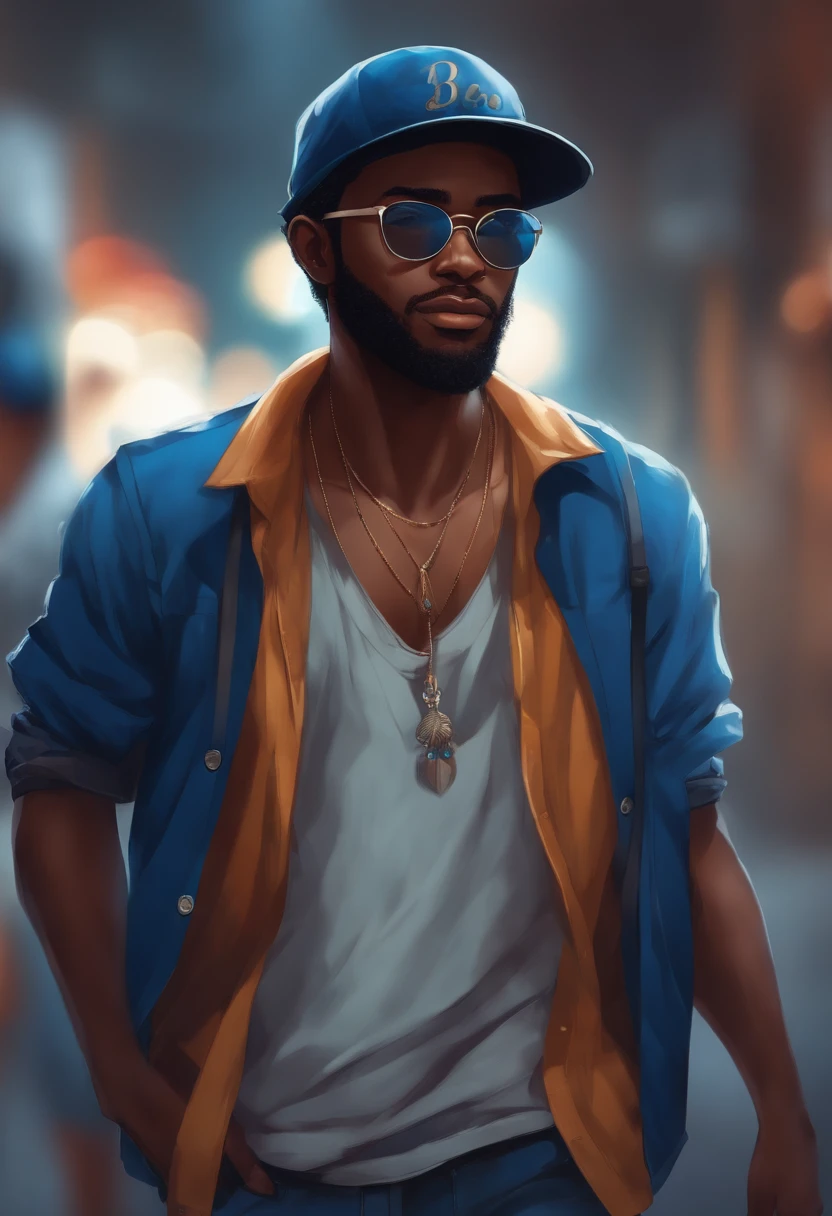 crie um jovem negro,magro, wearing cap and glasses, com barba sorriso bonito e uma camisa azul, manga anime style, imagem frontal,