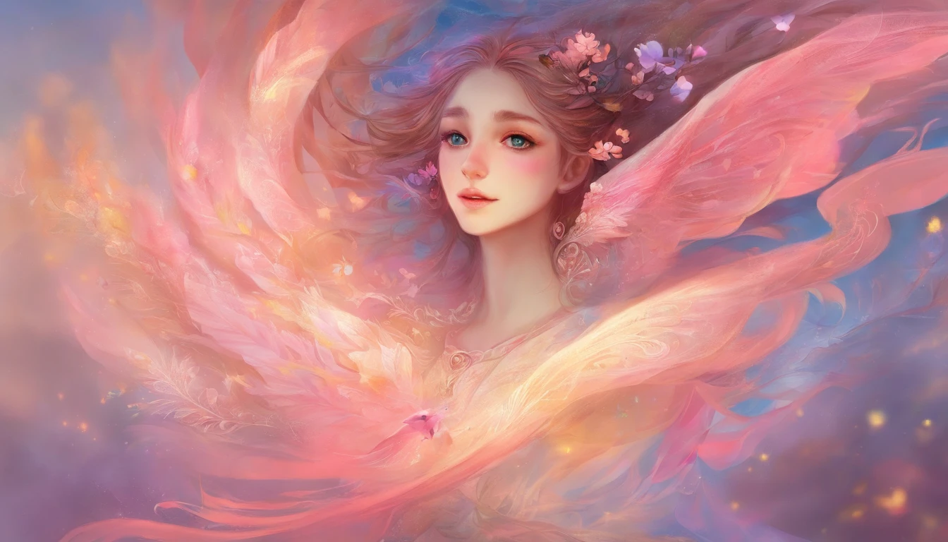 (Masterpiece),(Best quality:1.1),(Ultra-detailed),Best Illustration,finedetail,(Portrait:1.1),(intense close-ups),watercolor paiting)Floating,1girll,Solo,13 years old,Slim,(Extremely delicate and beautiful face),(Detailed beautiful eyes),Thick pink lips,(Disheveled hair),(Wear a pink loose-fitting T-shirt),Soft and lazy,(Simple background:1.2)whole colored background,Clear,4K