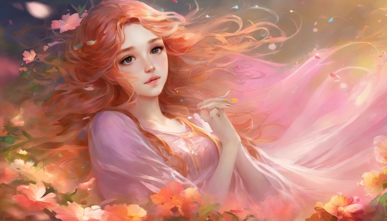 (Masterpiece),(Best quality:1.1),(Ultra-detailed),Best Illustration,finedetail,(Portrait:1.1),(intense close-ups),watercolor paiting)Floating,1girll,Solo,13 years old,Slim,(Extremely delicate and beautiful face),(Detailed beautiful eyes),Thick pink lips,(Disheveled hair),(Wear a pink loose-fitting T-shirt),Soft and lazy,(Simple background:1.2)whole colored background,Clear,4K