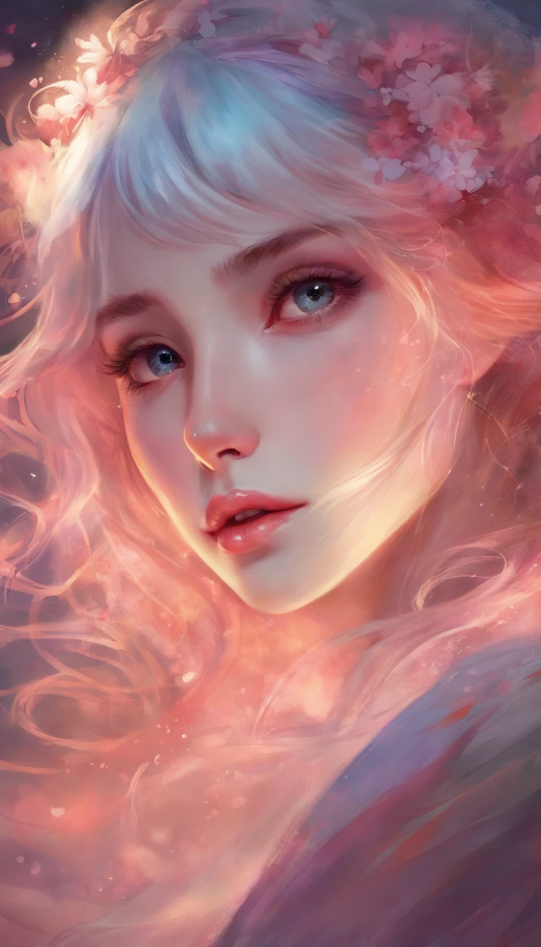 (Masterpiece),(Best quality:1.1),(Ultra-detailed),Best Illustration,finedetail,(Portrait:1.1),(intense close-ups),watercolor paiting)Floating,1girll,Solo,,Slim,(Extremely delicate and beautiful face),(Detailed beautiful eyes),Thick pink lips,(Disheveled hair),(Wear a pink loose-fitting T-shirt),Soft and lazy,(Simple background:1.2)whole colored background,Clear,4K