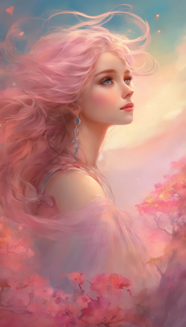 (Masterpiece),(Best quality:1.1),(Ultra-detailed),Best Illustration,finedetail,(Portrait:1.1),(intense close-ups),watercolor paiting)Floating,1girll,Solo,13 years old,Slim,(Extremely delicate and beautiful face),(Detailed beautiful eyes),Thick pink lips,(Disheveled hair),(Wear a pink loose-fitting T-shirt),Soft and lazy,(Simple background:1.2)whole colored background,Clear,4K