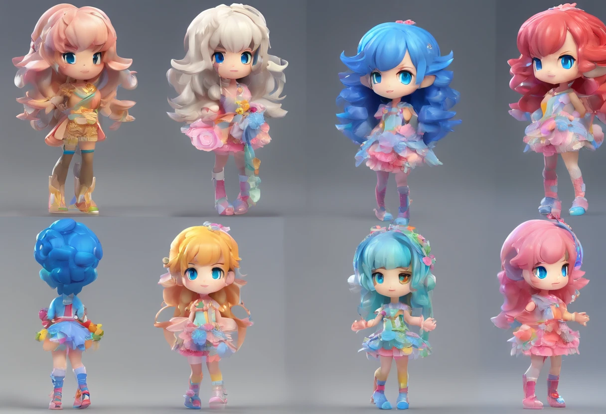 Chibichara　long hair with blue hair((Chibi Chara))、Fluffy、girl with、Chibi Chara、full body Esbian、Pastel colors hair、masutepiece、top-quality、Super cute girl full body 3d artwork, Front view, Side view, Back view, forest fae, doll, concept-art, t pose, Reference Sheet, popmart blind box, by Pixar, Long hair, Blue watery - eyes, Flower Embellishment, Rattan decoration, Luxury goods, intricate-detail, 3d rendered, blender, OC Renderer, Predecessor tables, droolng, high details, 8K, Studio Lighting