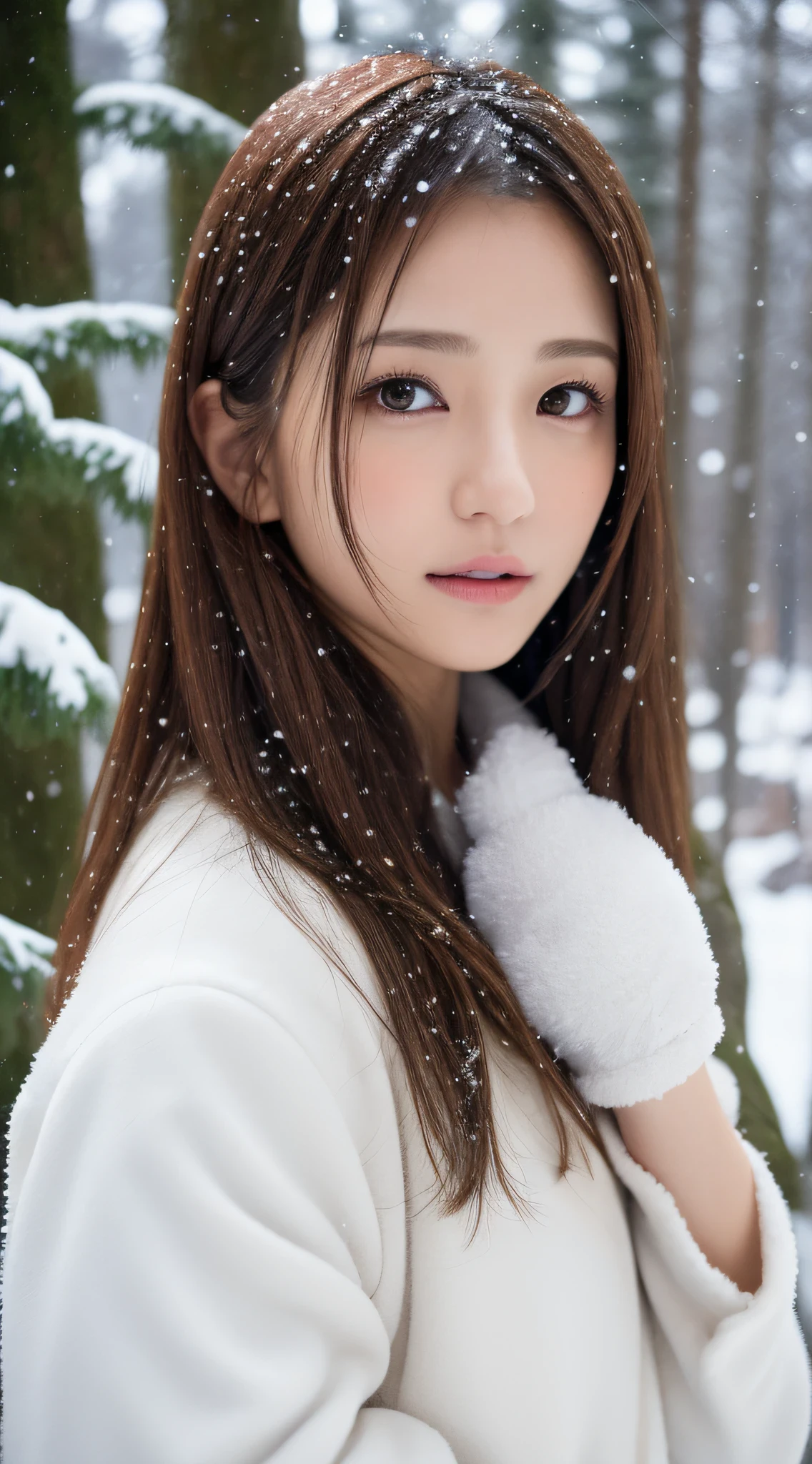 1womanl, up of face, light brown hair, Blunt bangs, hair behind ear, hair over shoulder, Long hair, slender body shape, Ultra Fine Face, Thin face, Delicate lips, Beautiful eyes, thin blush, eyes are light brown,View here, Ultra-thin hands, Ultra-fine fingers, best ratio four finger and one thumb, (realisitic:1.3), white longcoat, muffler , gloves、Coniferous forest with heavy snowfall, It's snowing .One-person viewpoint, 8K, masutepiece, nffsw, Super Detail, High quality, Best Quality, hight resolution,