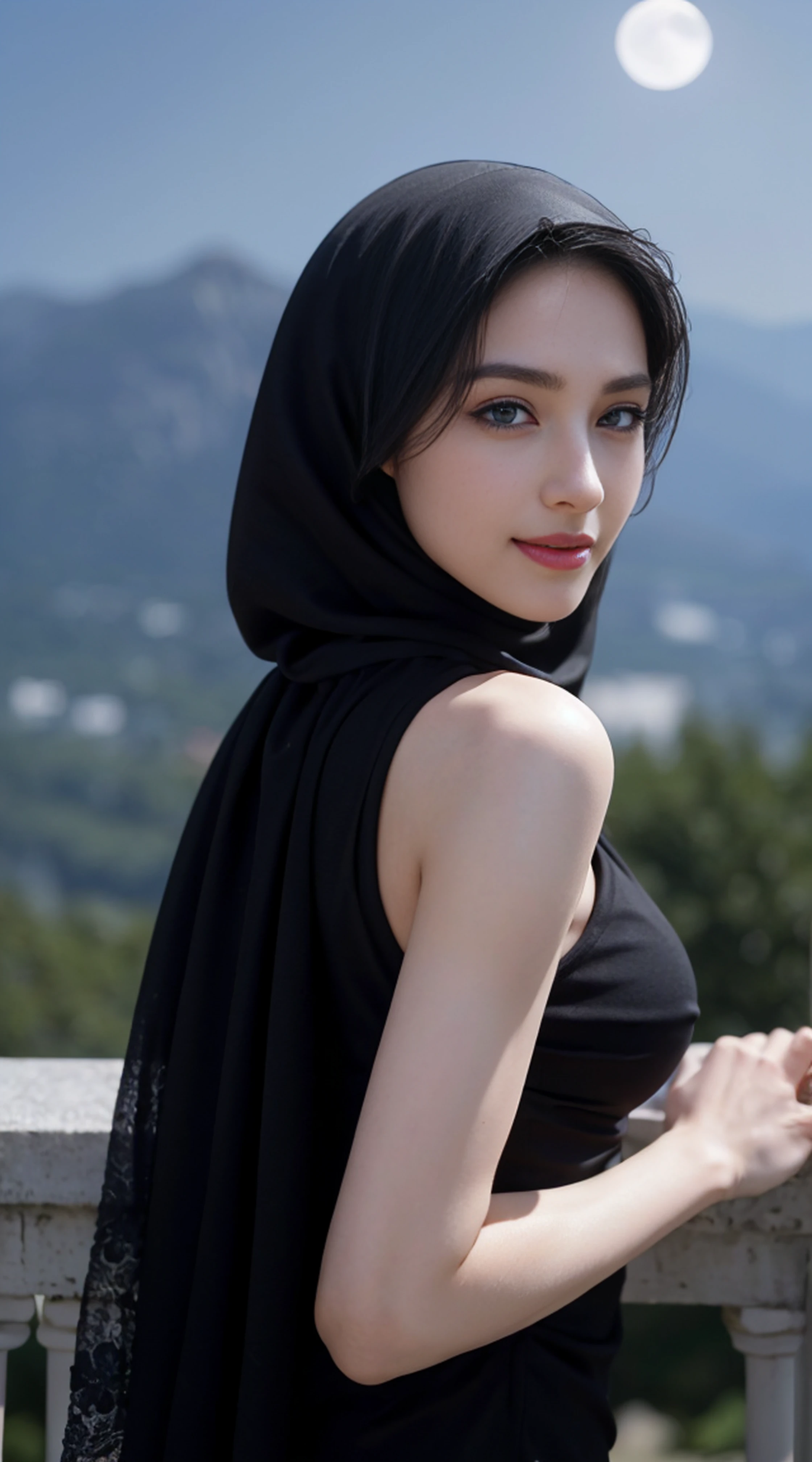 8K, Top Quality, Intricate Details, Ultra Detail, Ultra High Resolution, Masterpiece, random angle, Slender, Smile, (Makeup: 0.4), (Fluffy Blue Eyes: 1.21), blue Eyes, looking back, ((full body)), 1girl, solo, 1 girl, (( full body)), close up shot, , ((tall)), (((fit body))), (((slim face))), sharp face, sharp eyes, (((black hair, long hair, )) (detailed face), sharp face, small lips,
((hijab)), detailed face, detailed breast, , large breast, detail ass, round ass , Beautiful girl with accentuated slender abs: 1.4, Six Pack Abs: 1.4, Bust Botox, Big, Perfect Body, detail leg, (( moonlight)), top of mountain