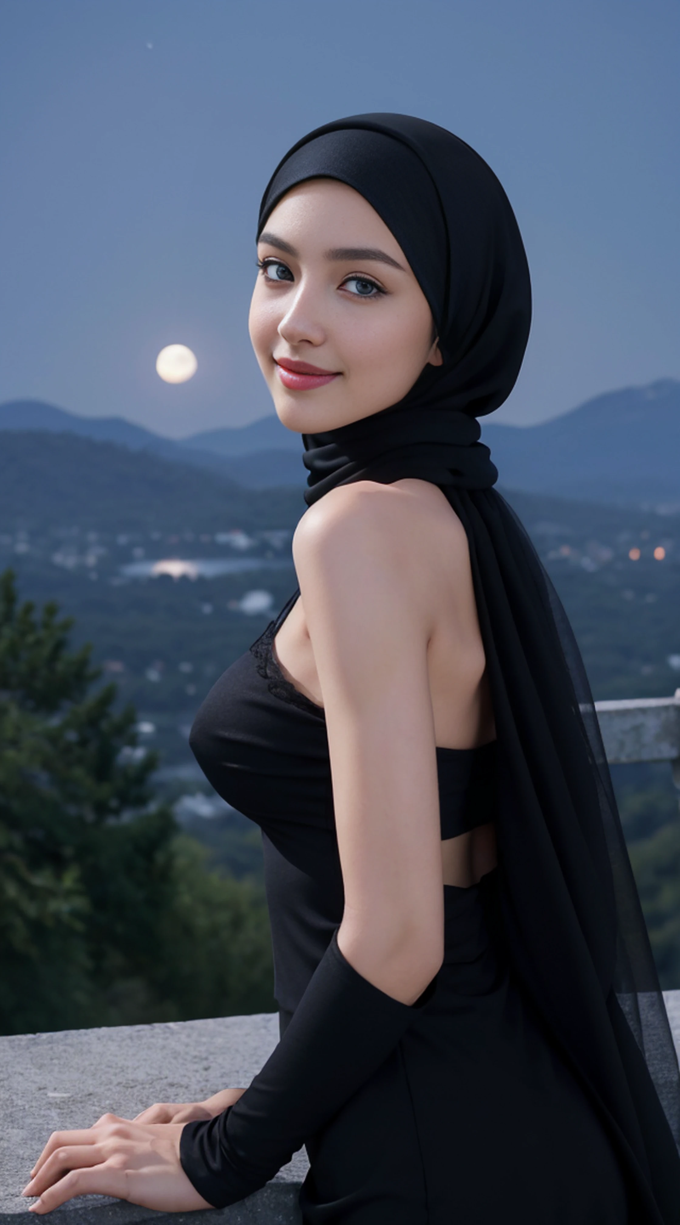 8K, Top Quality, Intricate Details, Ultra Detail, Ultra High Resolution, Masterpiece, random angle, Slender, Smile, (Makeup: 0.4), (Fluffy Blue Eyes: 1.21), blue Eyes, looking back, ((full body)), 1girl, solo, 1 girl, (( full body)), close up shot, , ((tall)), (((fit body))), (((slim face))), sharp face, sharp eyes, (((black hair, long hair, )) (detailed face), sharp face, small lips,
((hijab)), detailed face, detailed breast, , large breast, detail ass, round ass , Beautiful girl with accentuated slender abs: 1.4, Six Pack Abs: 1.4, Bust Botox, Big, Perfect Body, detail leg, (( moonlight)), top of mountain