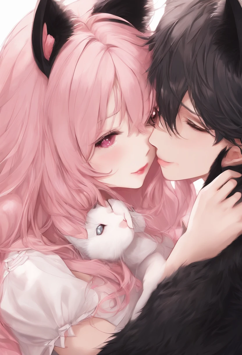 (best illustration, masterpiece) high resolution, close-up, soft skin,
[(cat ears, black fur, pink inside:1.2), (kiss, romantic, intimate):1.3]