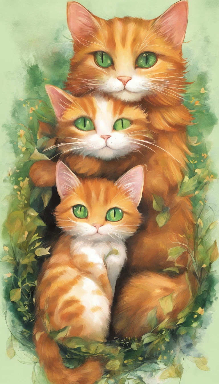 (2cat:1.3), (2 animals:1.3), ((Black-eyed cat)), ((Ginger green-eyed cat)), (Hugging:1.2), Wonderful atmosphere, adorable atmosphere, Magic dust