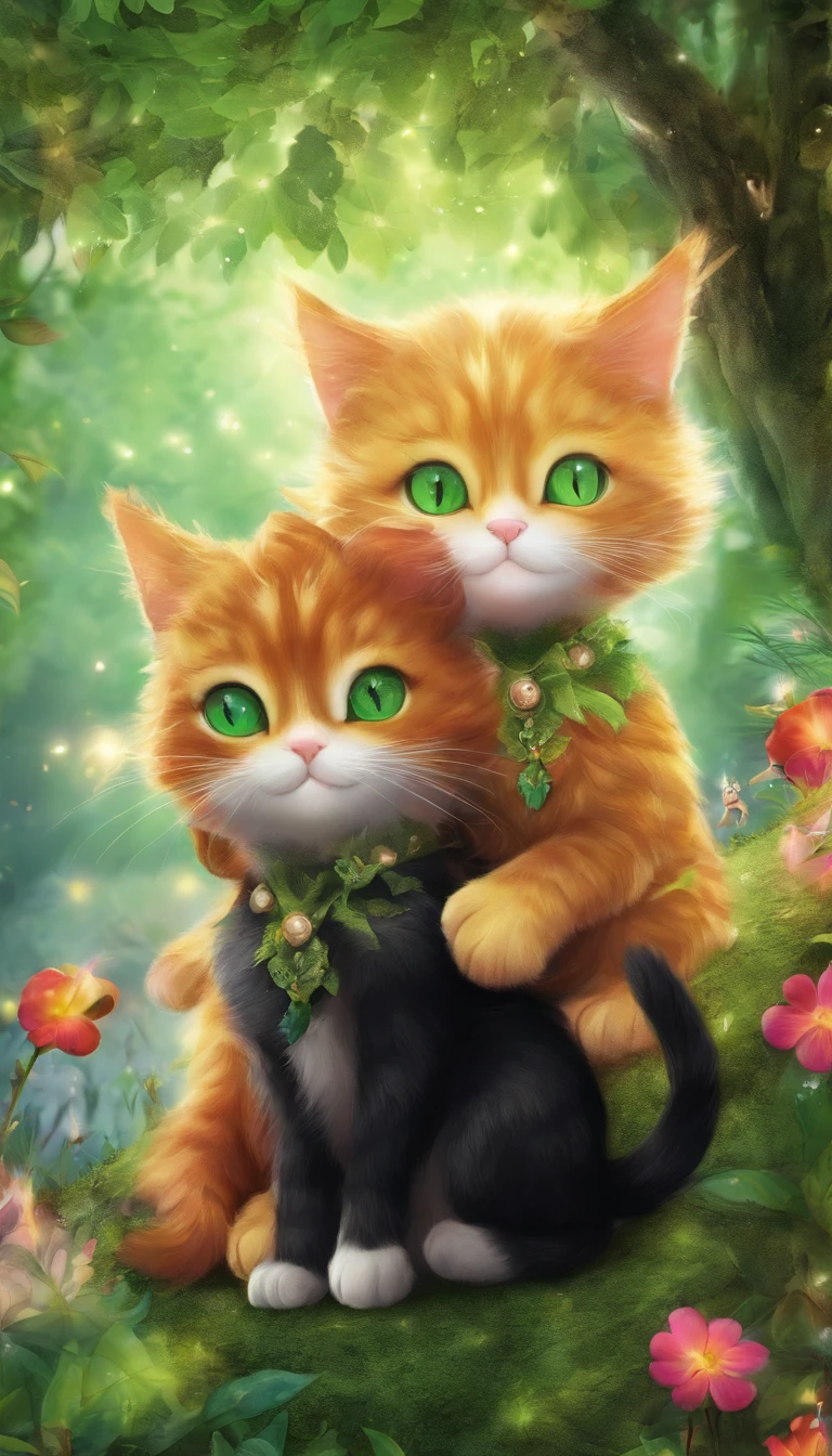 (2cat:1.3), (2 animals:1.3), ((Black-eyed cat)), ((Ginger green-eyed cat)), (Hugging:1.2), Wonderful atmosphere, adorable atmosphere, Magic dust