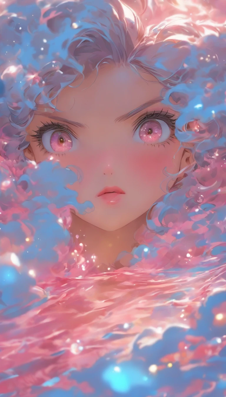 (Masterpiece),(Best quality:1.1),(Ultra-detailed),Best Illustration,finedetail,(Portrait:1.1),(intense close-ups),watercolor paiting)Floating,1girll,Solo,,Slim,(Extremely delicate and beautiful face),(Detailed beautiful eyes),Thick pink lips,(Disheveled hair),(Wear a pink loose-fitting t-shirt),Soft and lazy,(Simple background:1.2)whole colored background,Clear,4K
