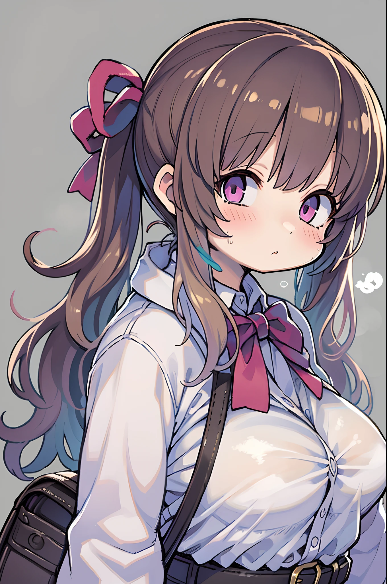 (1girl in), masutepiece, Best Quality, superfine illustration, a very pretty girl, extremely detailed beautiful face, Looking at Viewer, 1girl in, Belt bag, gros-plan, Looking at Viewer, 4K, hight resolution, bow ribbon, Phyllis Mistrout, blush, POV, twin-tail hair, White background, Simple background, thick outline, Purple eyes, (sleep), Brown hair, Chibi, expression of love,  ((Brown hair)),