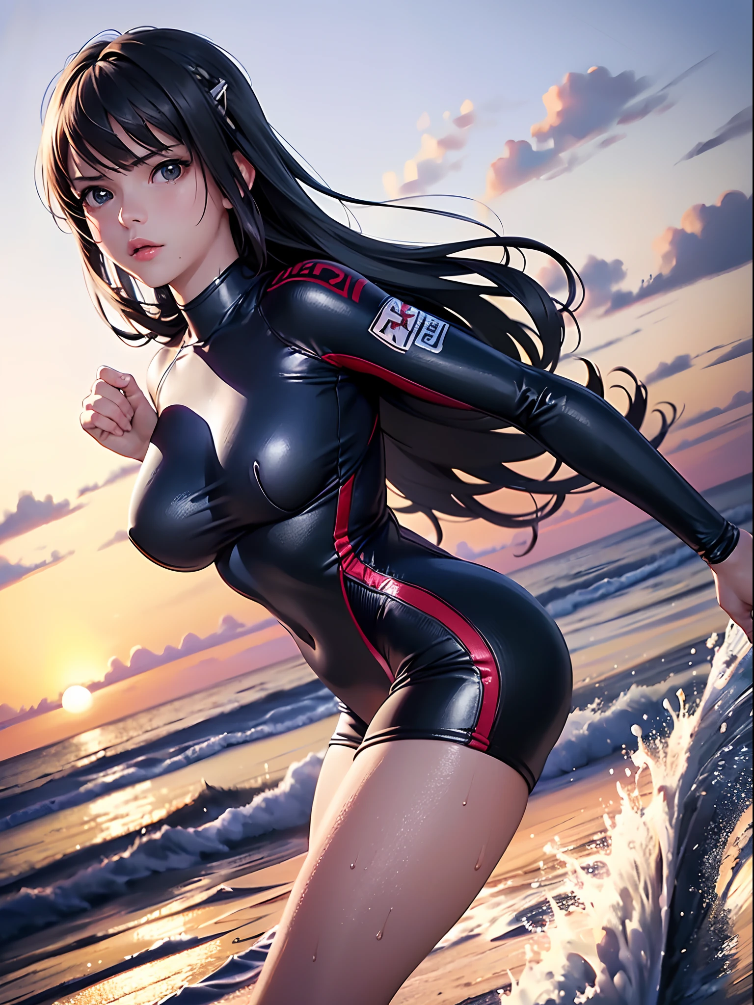 (8K, Raw photo, Best Quality, masutepiece:1.2), (Realistic, Photorealsitic:1.37),1 girl,Beautiful,Powerful, (Solo),A detailed face, Dramatic Angle,
Surfboard Rides,Surfing Uniforms ,Sports, Look away,Sporty,Wet skin,Sweat,Large breasts,nice legs,Surfing Venues,