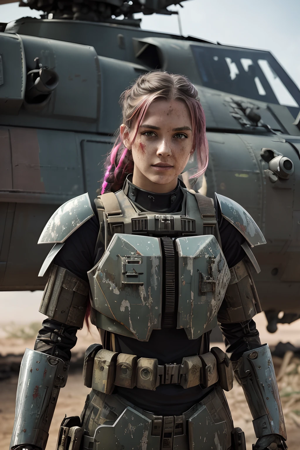 Postapocalyptic combat scene with a Beautiful hyperrealistic photograph of cute Young American woman with Runic tattoos, ((dirty face Blood splattered)), (((wearing full heavy mecha armor, combat harness, Neon highlights))) Short Red Dreadlocks, combat pose, (((Holding on to the side of a combat Sci-Fi Combat helicopter))), exterior of Destroyed building, Fires, Smoke, debris, Camo netting, Ammo Boxes abstract beauty, near perfection, pure form, intricate detail, 8k post-production, High resolution, super Detail, trending on ArtStation, sharp focus, studio photos, intricate detail, Very detailed, By Greg Rutkowski