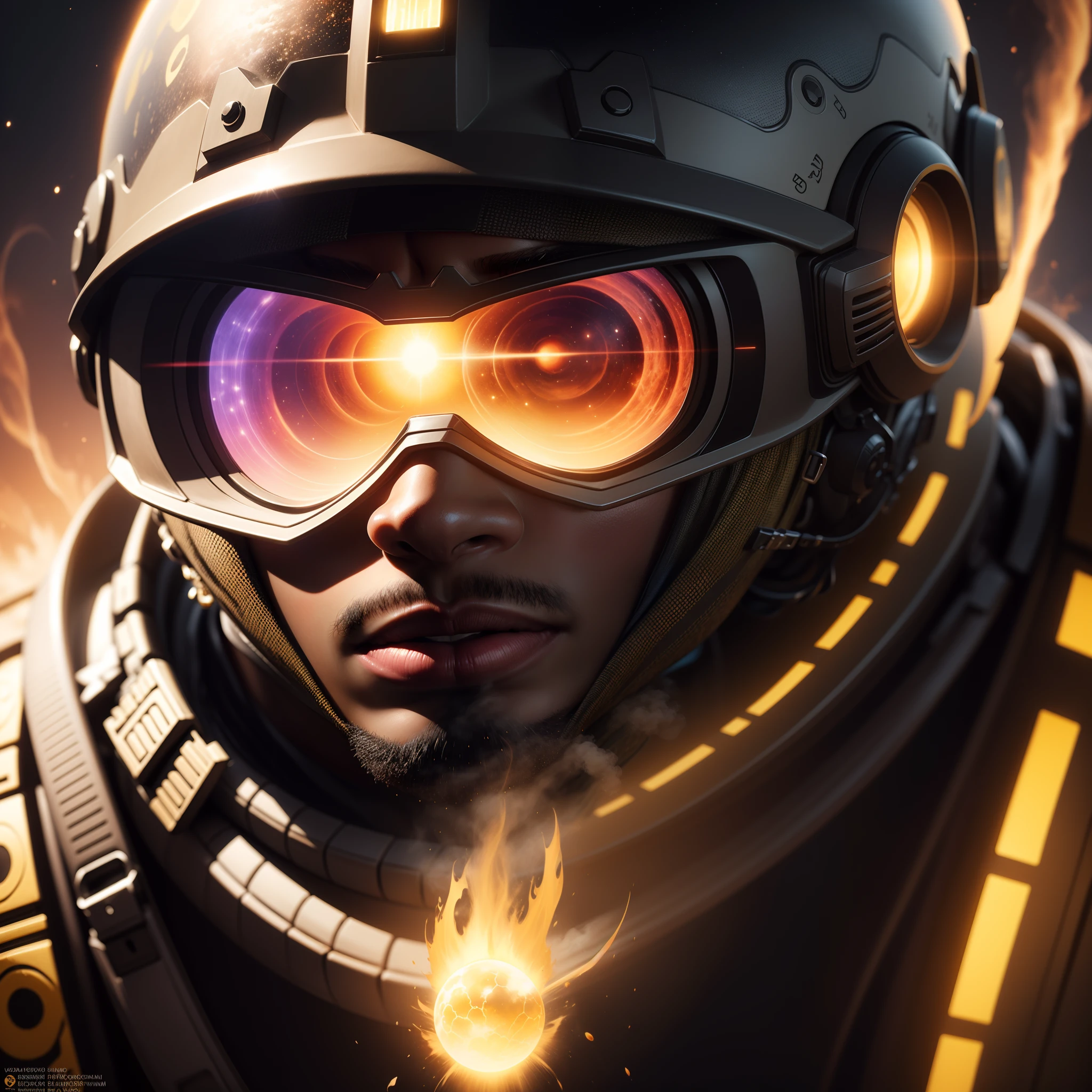 a close up of a black man wearing an African designed helmet, yellow smoke evaporating from the helmet, with a yellow sun in the background, vapor, sitting on the cosmic cloudscape, face melting into the universe, psychonaut universe, with iridescent light, 32k, ultra HD, unreal engine rendered, cinematic lighting, artgerm style, bright and vibrant colours, photorealistic image, highly detailed facial features, highly detailed images, highly detailed fingers