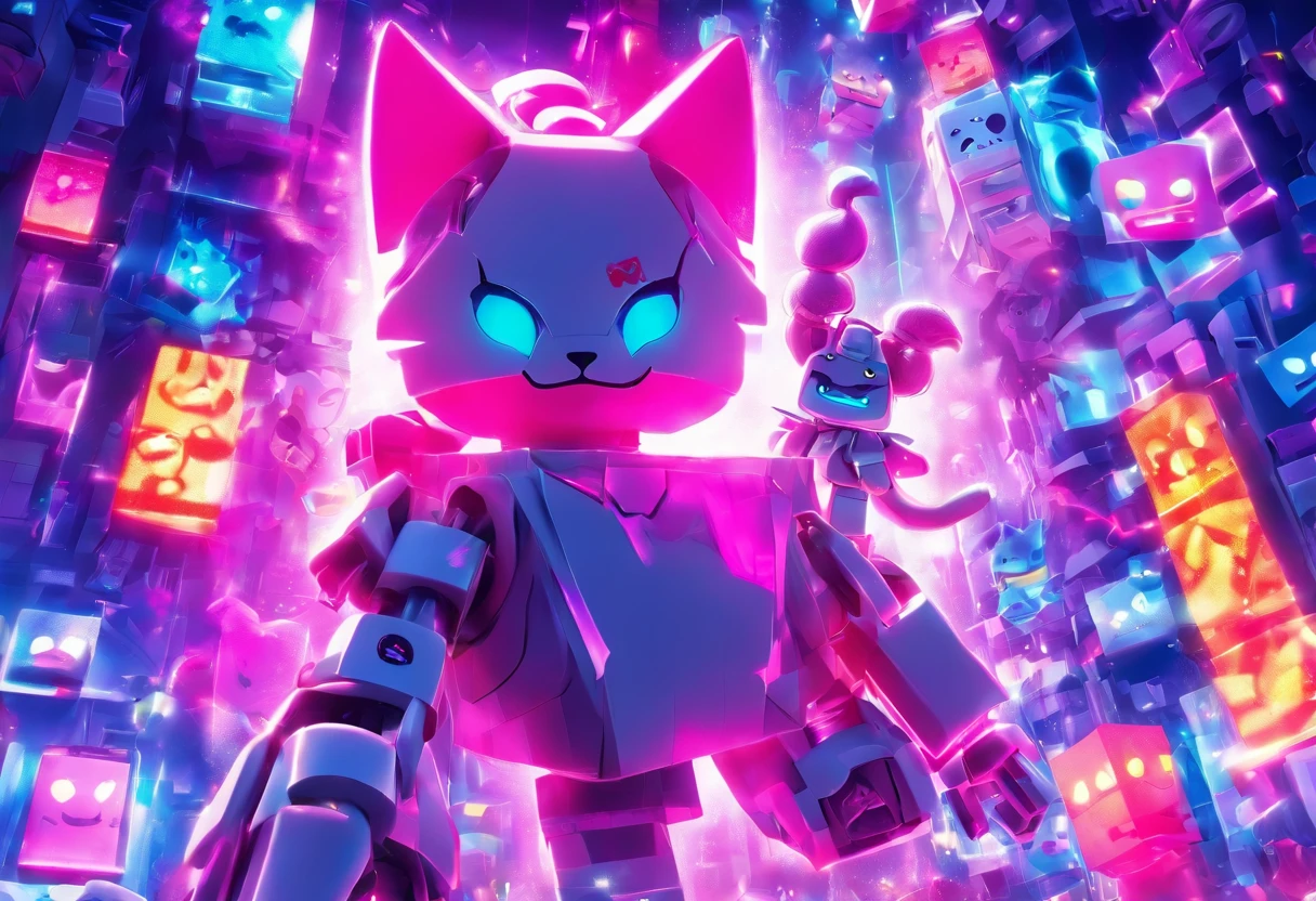 there is a lego cat that is holding a box, roblox avatar, lunar themed attire, super glitched, chrome outfit, profile picture 1024px, roblox screenshot, roblox, white scary skin, smooth white tight clothes suit, fully robotic!! catgirl, subtle glitches, clear outfit design, an aesthetic!, robot monster in background